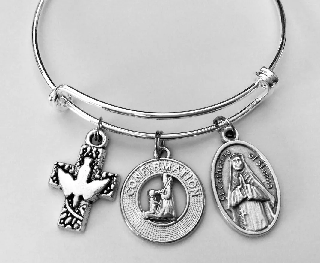 Confirmation Jewelry Saint Catherine of Sienna Expandable Charm Bracelet Silver Adjustable Bangle Medal Catholic Gift Dove