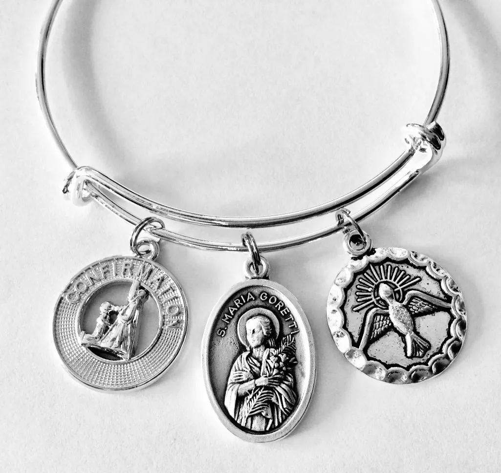 Confirmation Jewelry Saint Maria Goretti Expandable Charm Bracelet Silver Adjustable Bangle Medal Catholic Gift Dove