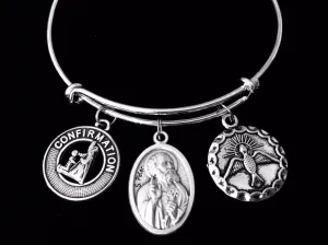 Confirmation Saint Peter Expandable Charm Bracelet Silver Adjustable bangle Medal Catholic Gift Dove