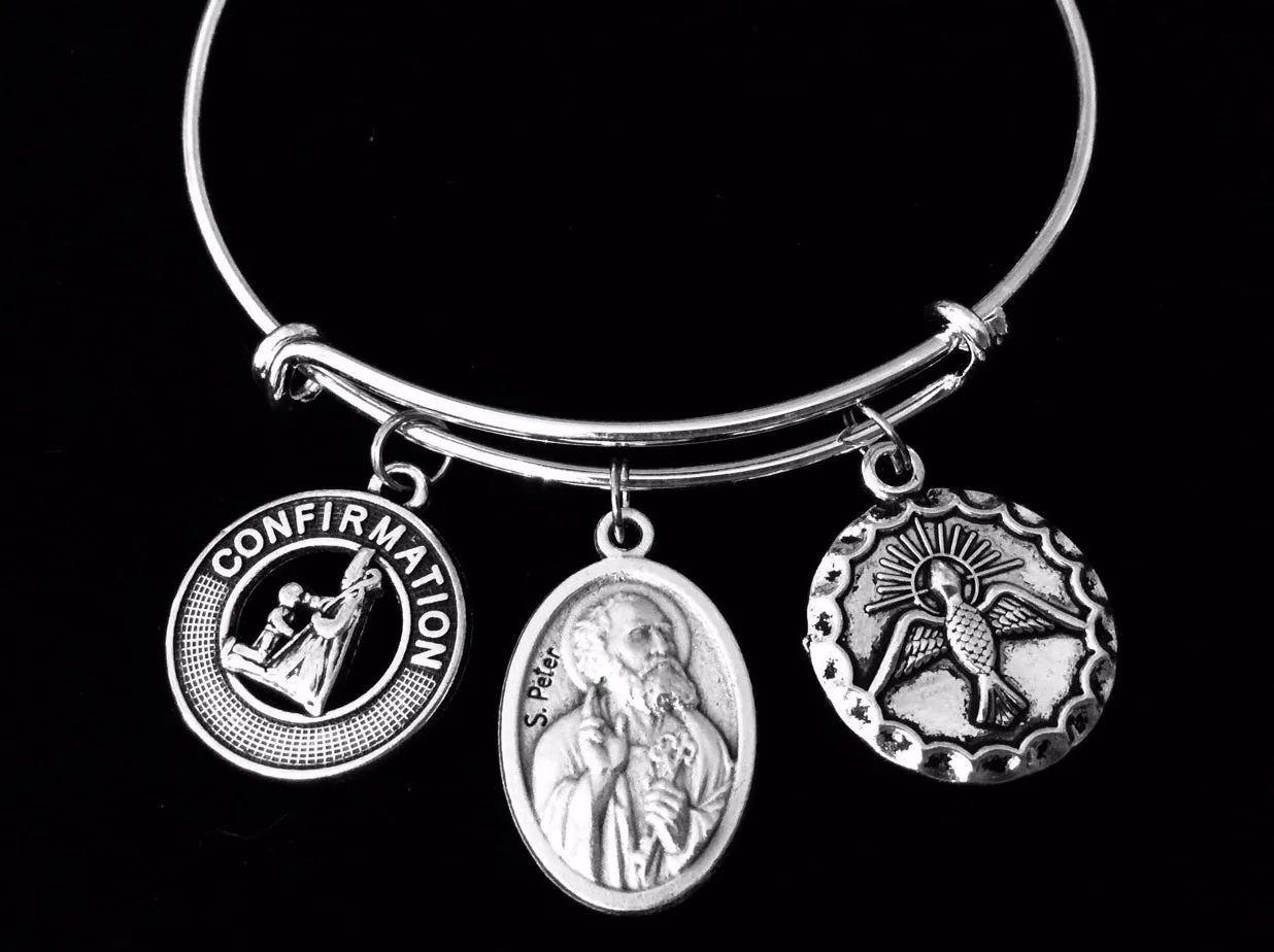 Confirmation Saint Peter Expandable Charm Bracelet Silver Adjustable bangle Medal Catholic Gift Dove