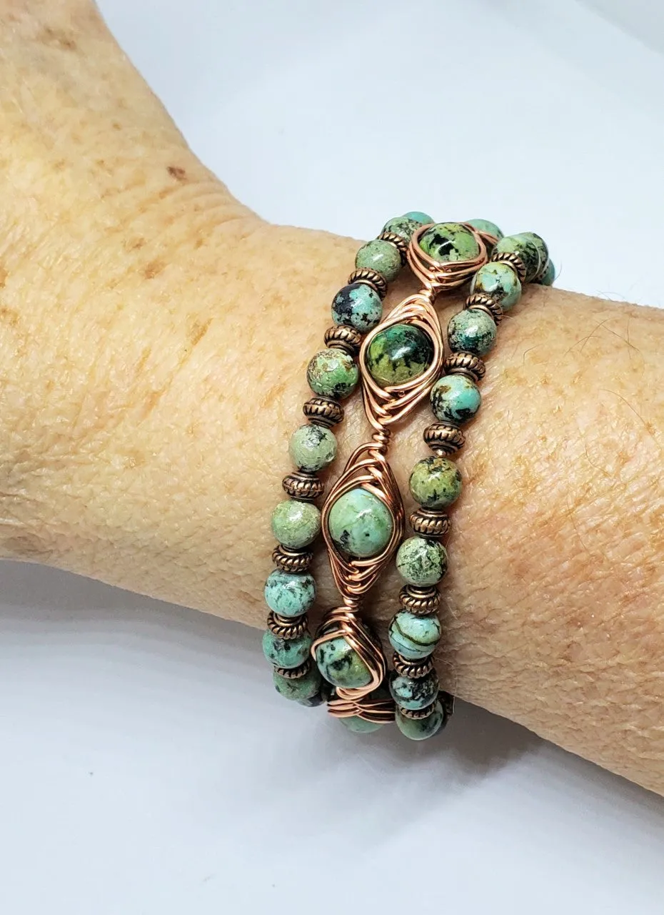 Copper Wire Herringbone wrapped  African Turquoise Stones