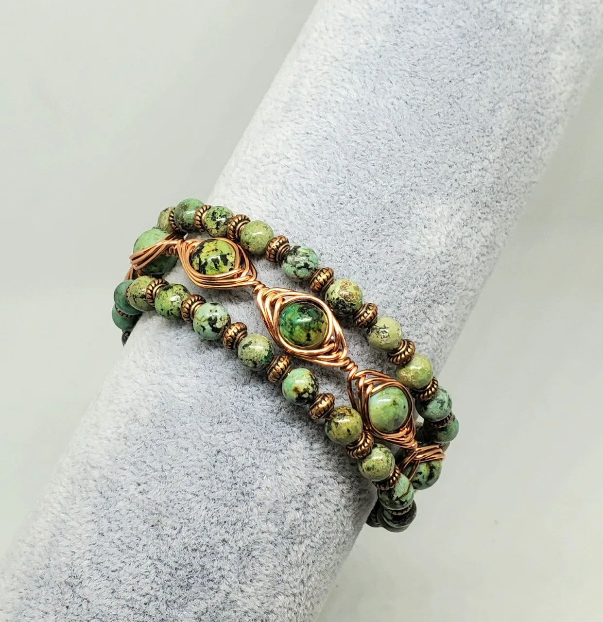 Copper Wire Herringbone wrapped  African Turquoise Stones
