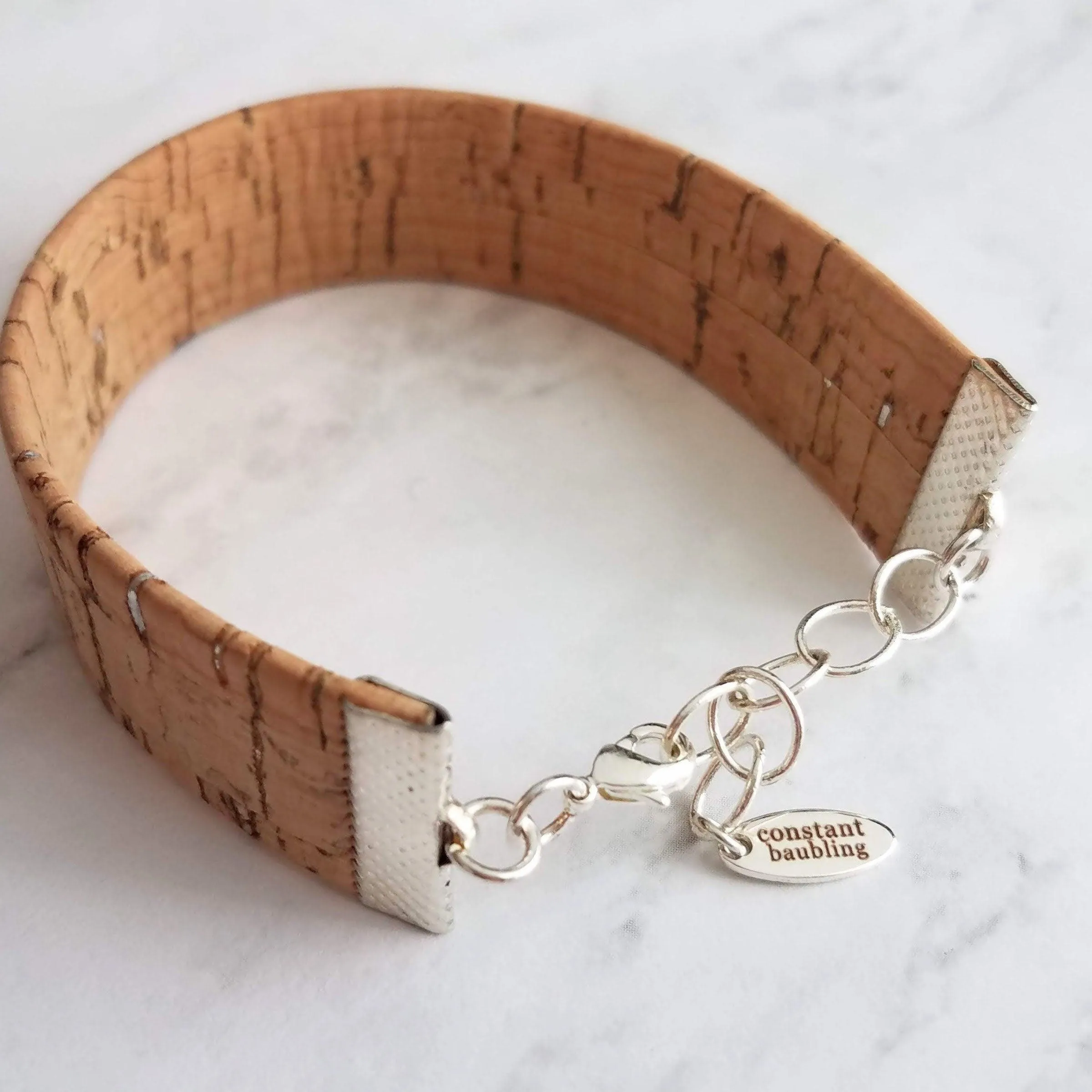 Cork Bracelet, silver adjustable chain, wide cuff bracelet, wide wood bracelet, flat cork bracelet, light brown wood bark wrap bracelet