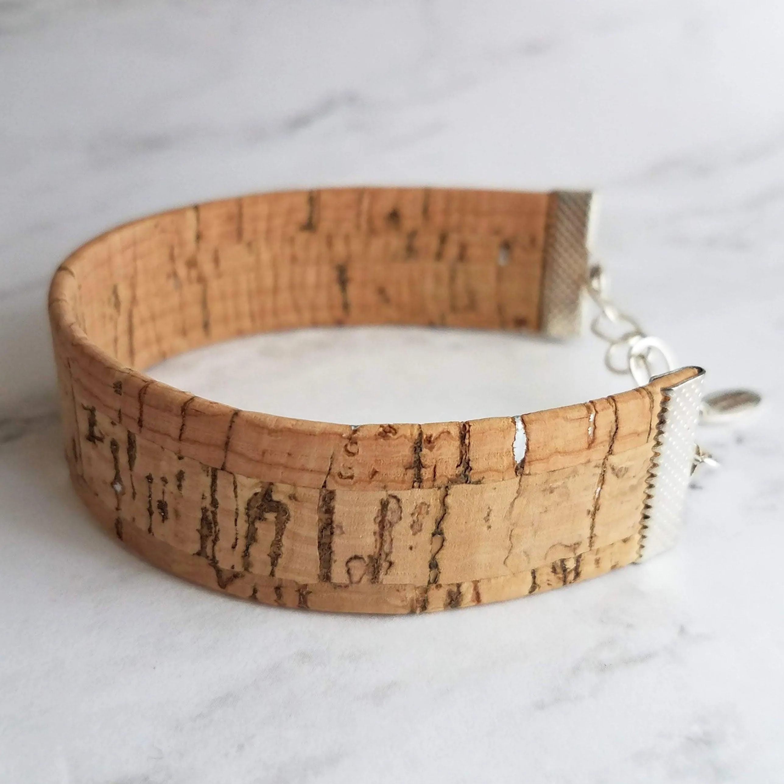 Cork Bracelet, silver adjustable chain, wide cuff bracelet, wide wood bracelet, flat cork bracelet, light brown wood bark wrap bracelet