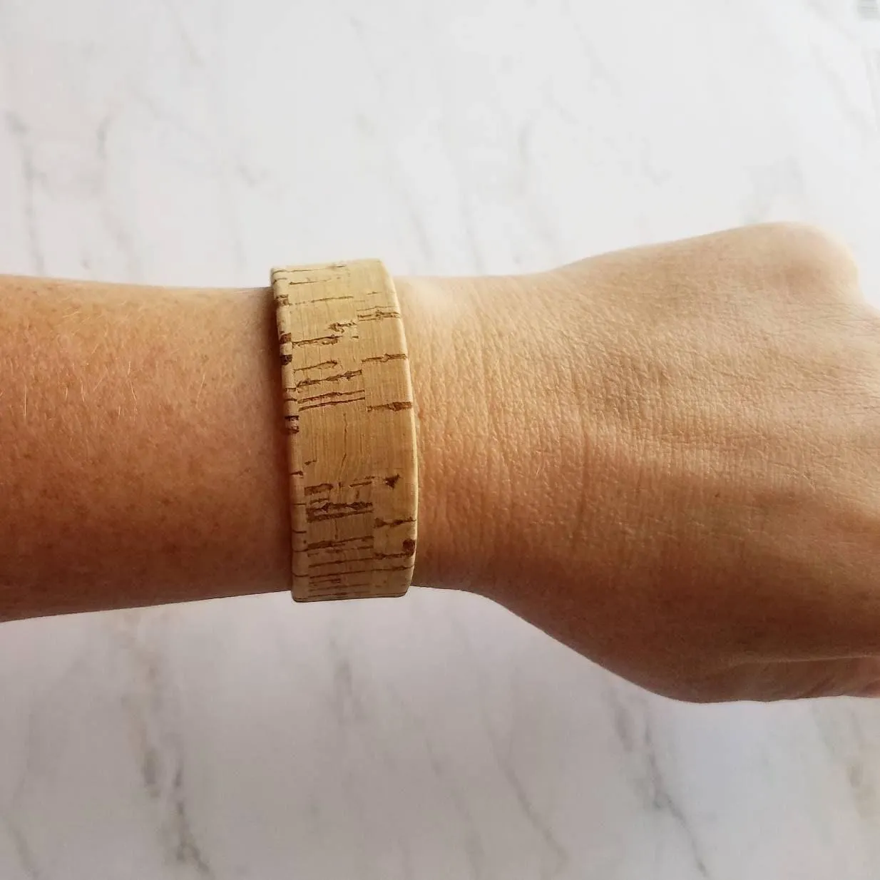 Cork Bracelet, silver adjustable chain, wide cuff bracelet, wide wood bracelet, flat cork bracelet, light brown wood bark wrap bracelet