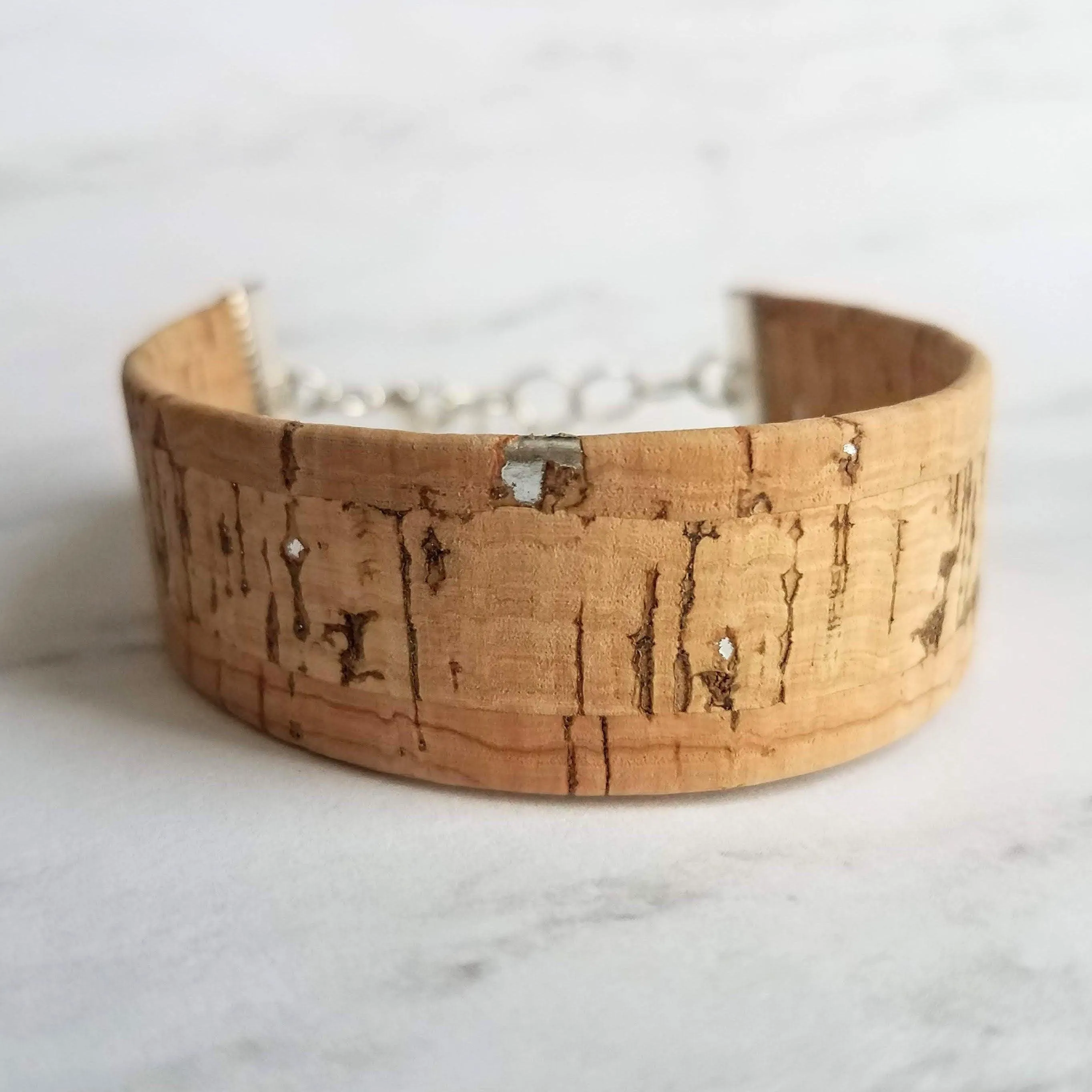 Cork Bracelet, silver adjustable chain, wide cuff bracelet, wide wood bracelet, flat cork bracelet, light brown wood bark wrap bracelet