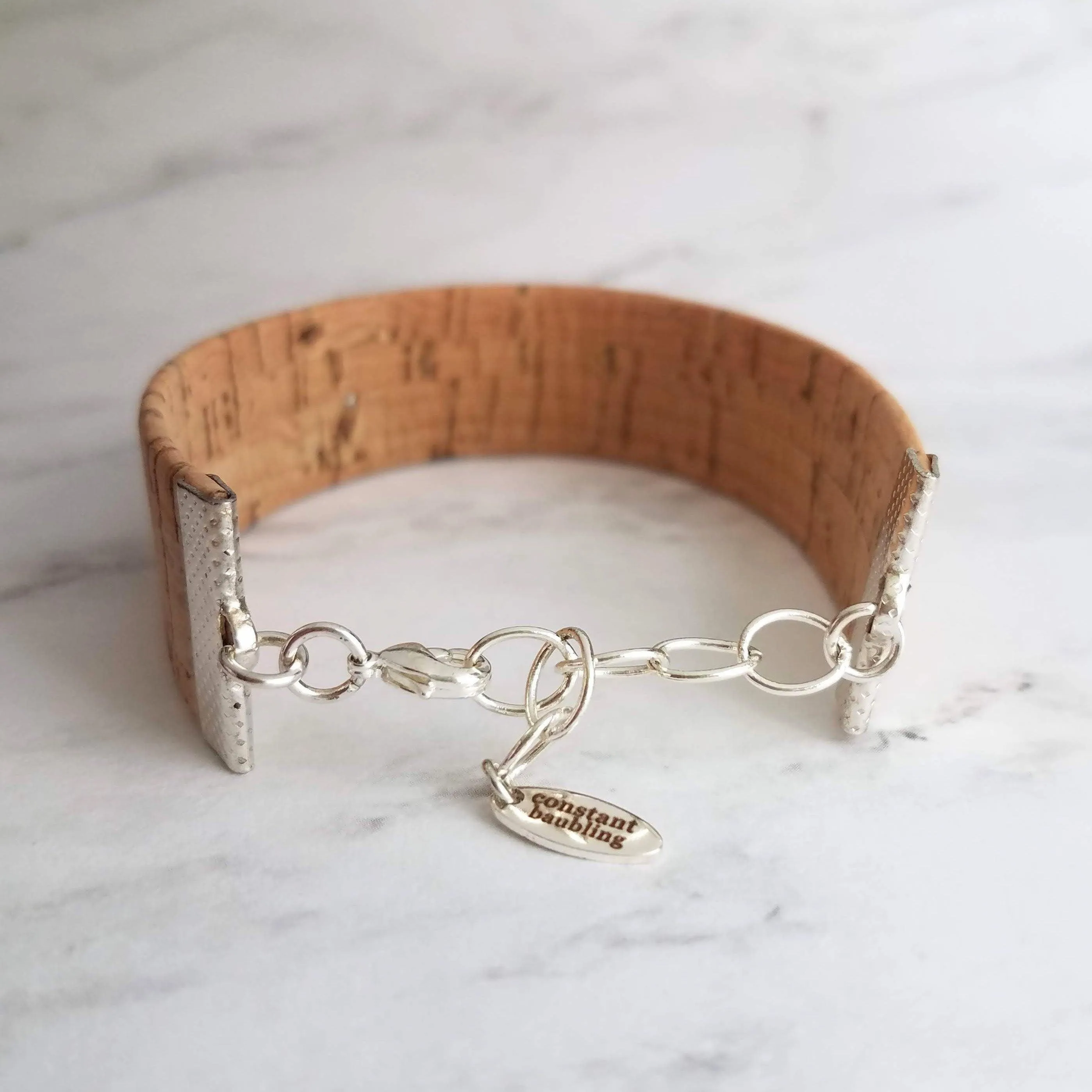 Cork Bracelet, silver adjustable chain, wide cuff bracelet, wide wood bracelet, flat cork bracelet, light brown wood bark wrap bracelet