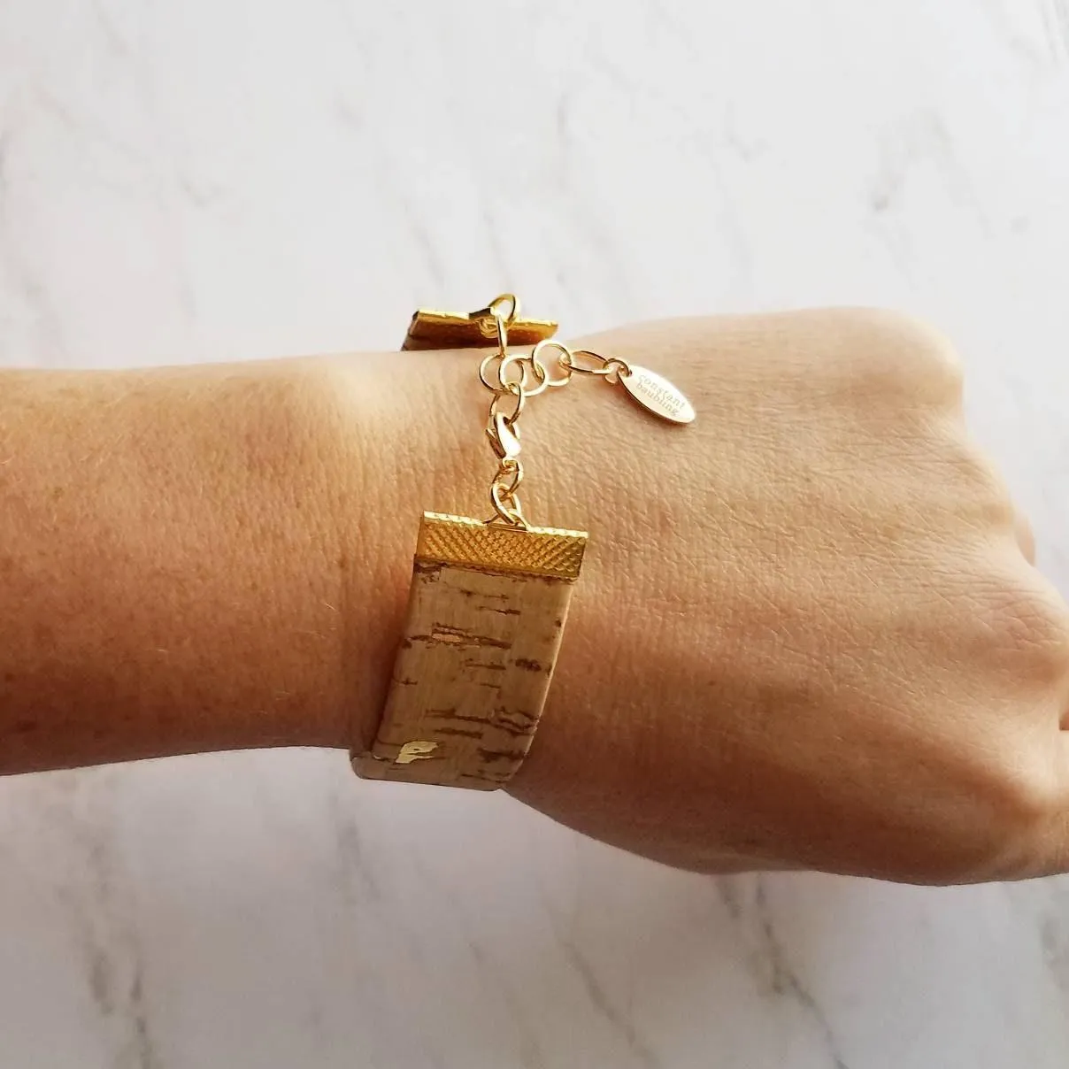 Cork Bracelet, silver adjustable chain, wide cuff bracelet, wide wood bracelet, flat cork bracelet, light brown wood bark wrap bracelet