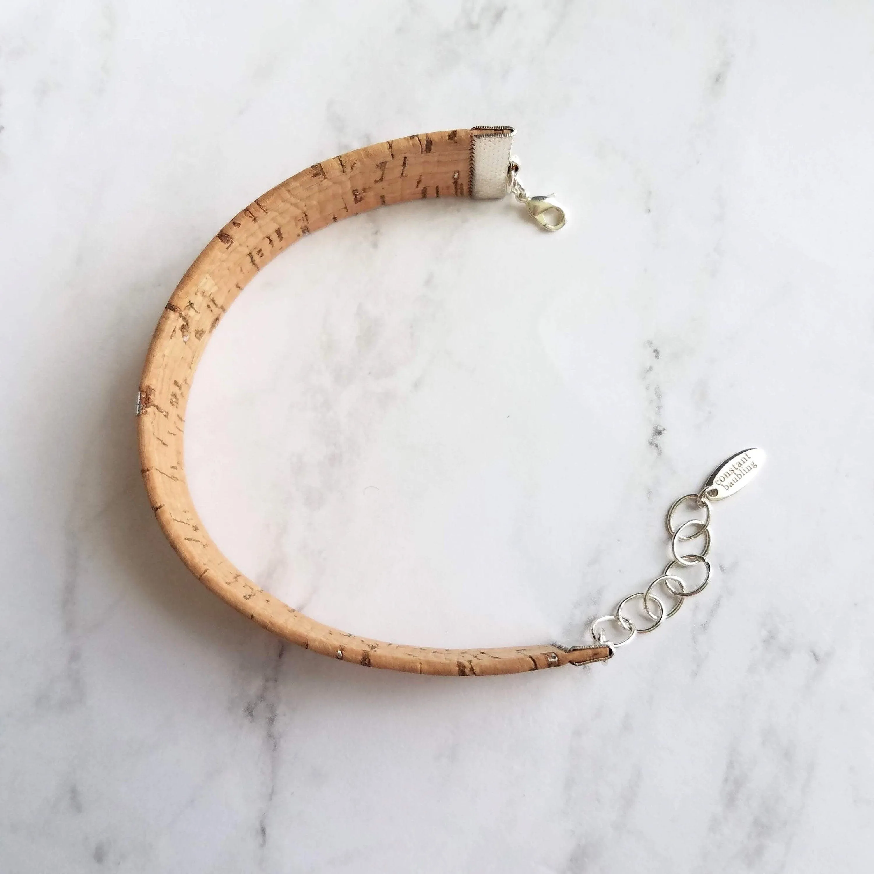 Cork Bracelet, silver adjustable chain, wide cuff bracelet, wide wood bracelet, flat cork bracelet, light brown wood bark wrap bracelet