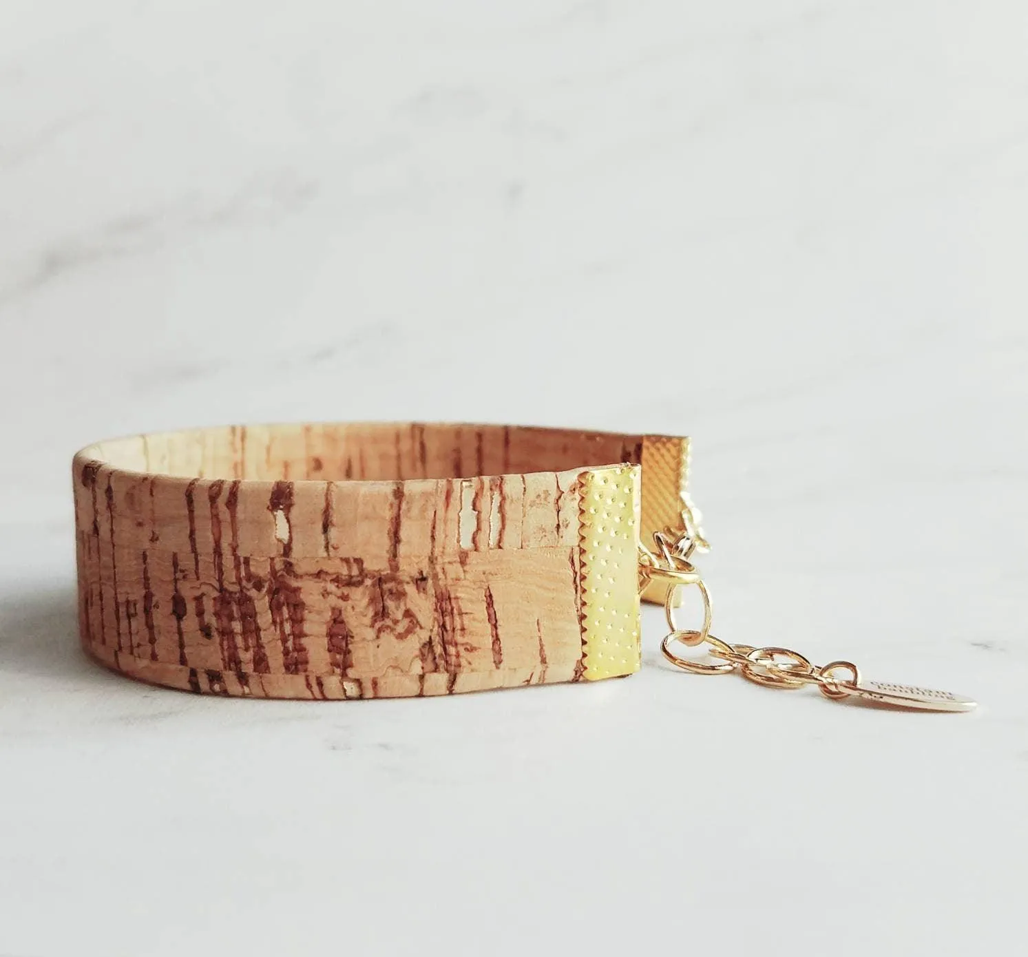 Cork Bracelet, silver adjustable chain, wide cuff bracelet, wide wood bracelet, flat cork bracelet, light brown wood bark wrap bracelet