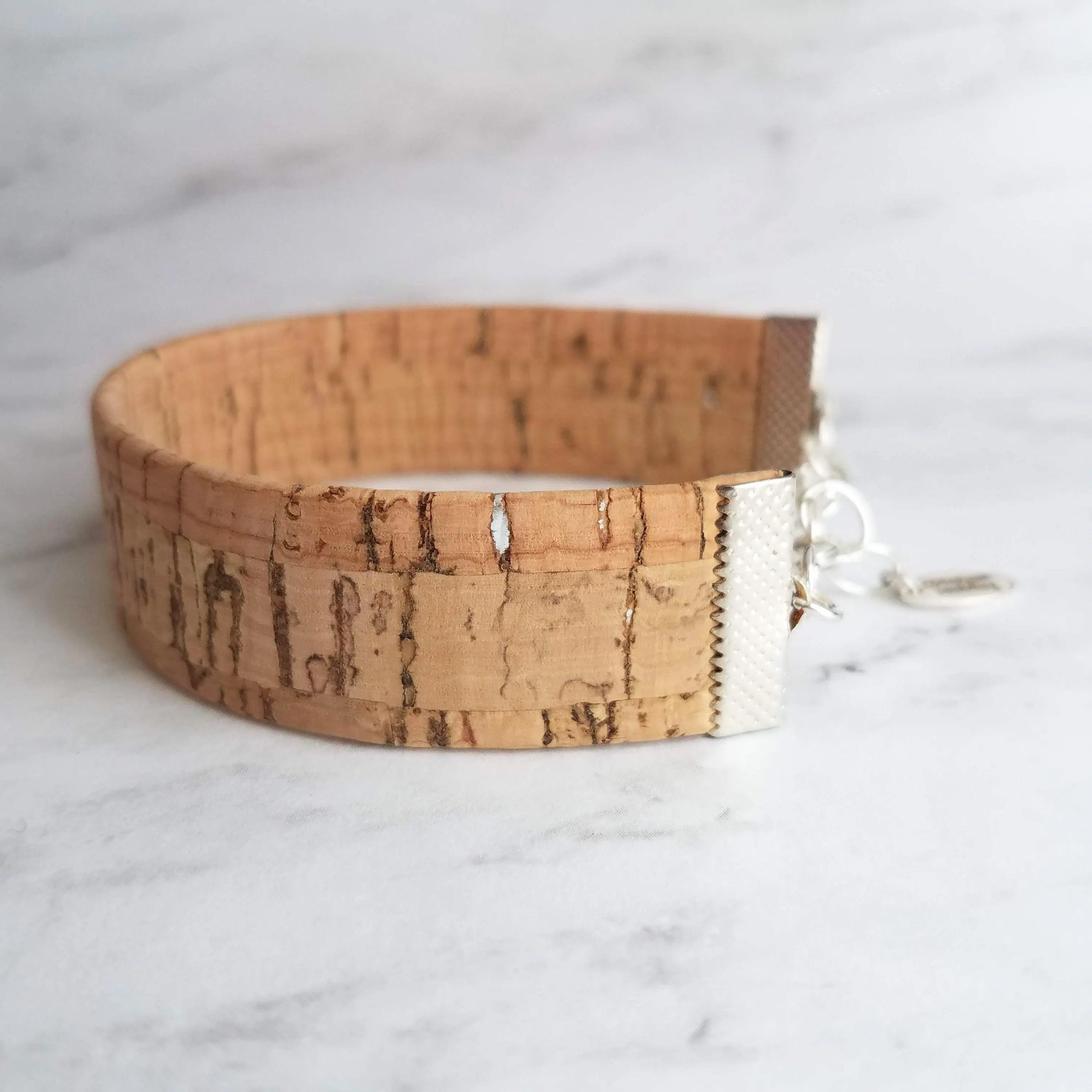 Cork Bracelet, silver adjustable chain, wide cuff bracelet, wide wood bracelet, flat cork bracelet, light brown wood bark wrap bracelet