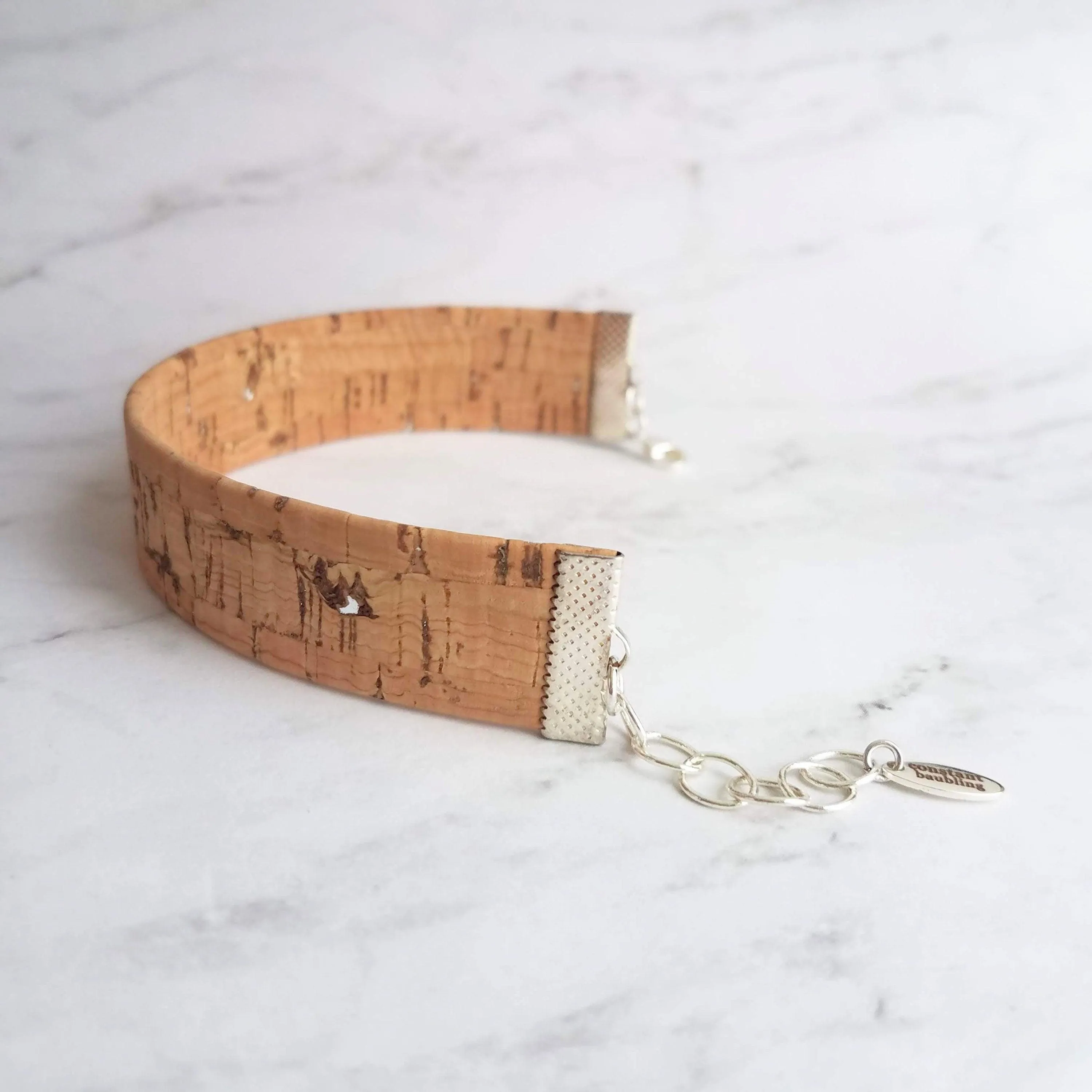 Cork Bracelet, silver adjustable chain, wide cuff bracelet, wide wood bracelet, flat cork bracelet, light brown wood bark wrap bracelet