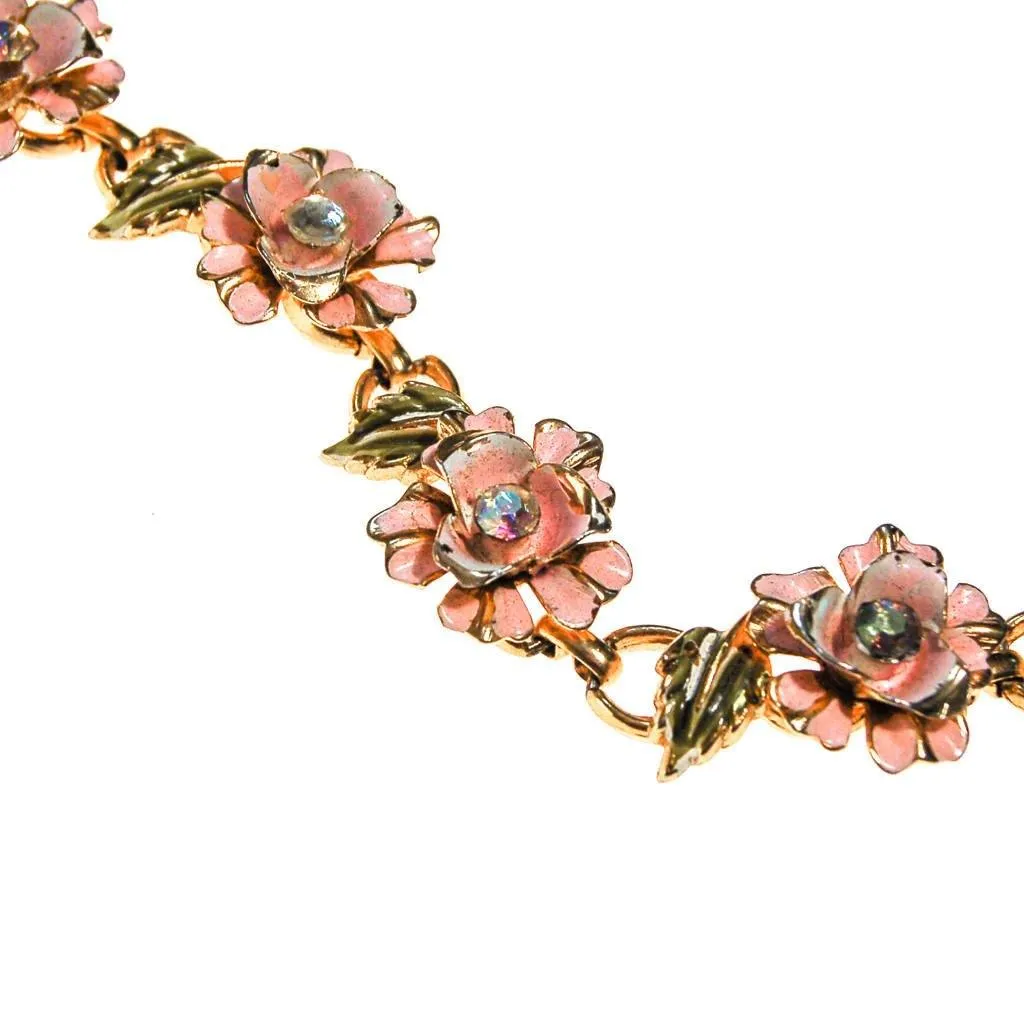 Coro Pale Pink Painted Enamel Rose Bracelet with Iridescent Rhinestone Accents
