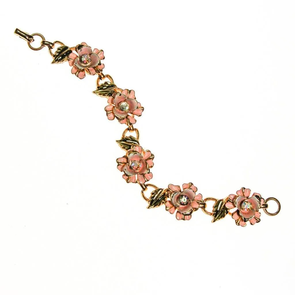 Coro Pale Pink Painted Enamel Rose Bracelet with Iridescent Rhinestone Accents