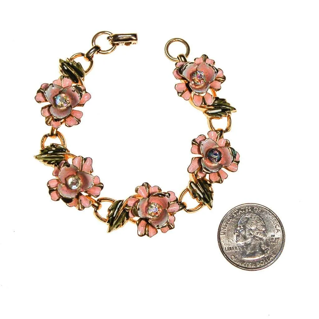 Coro Pale Pink Painted Enamel Rose Bracelet with Iridescent Rhinestone Accents