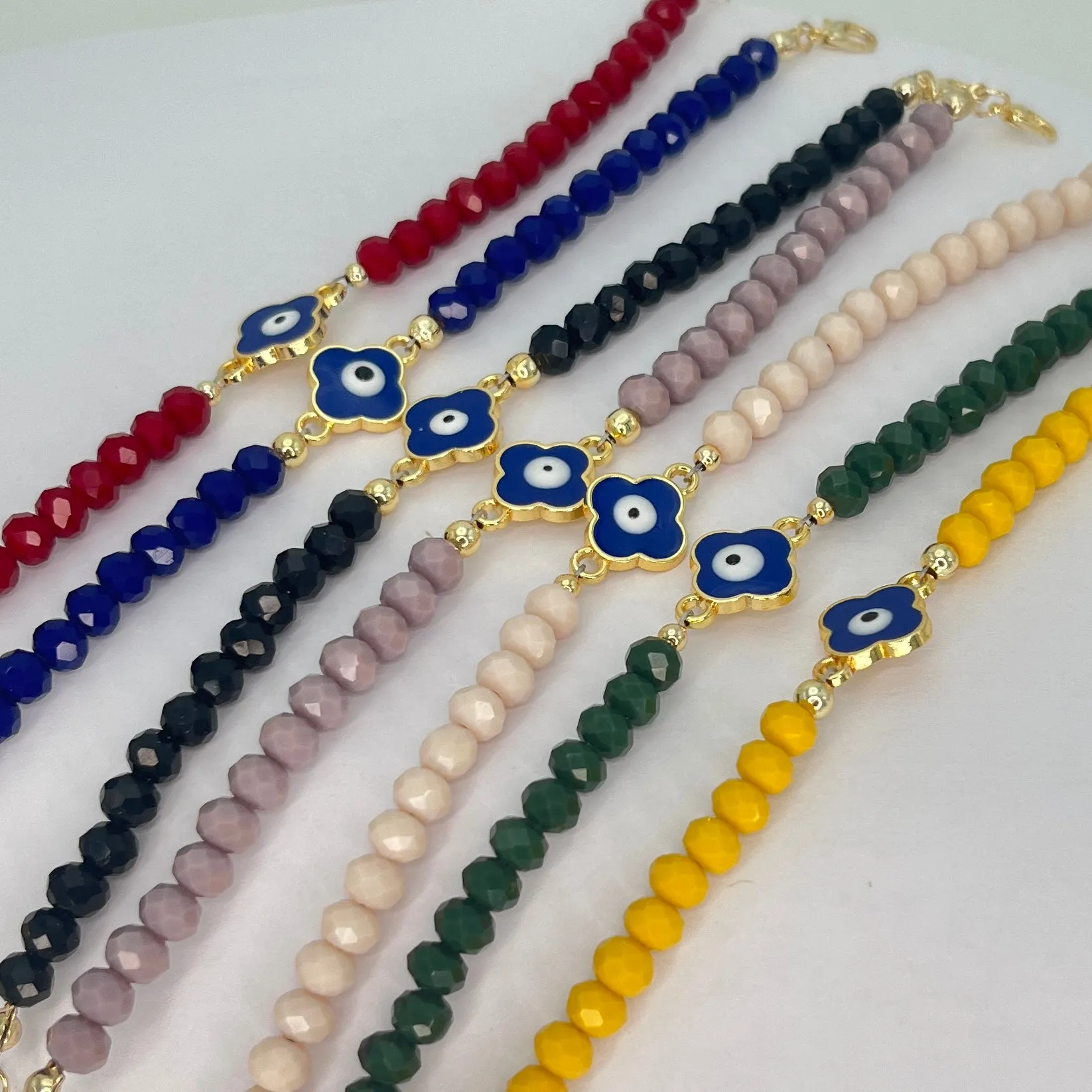 Crystal Beaded Clover Eye Bracelet, Charm - 7 Color Options