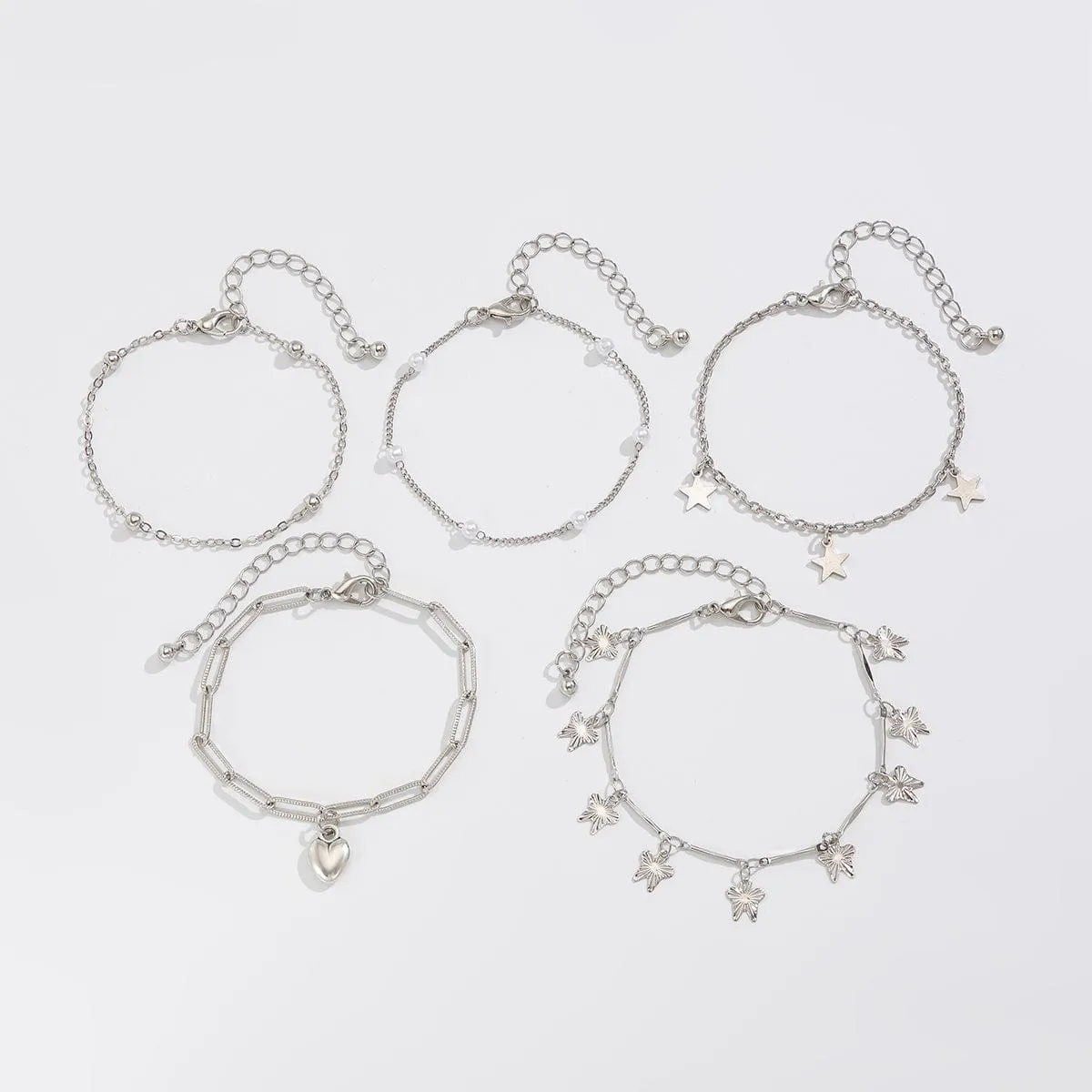 Delicate Layered Heart Butterfly Star Tassel Pearl Cable Chain Bracelet Set