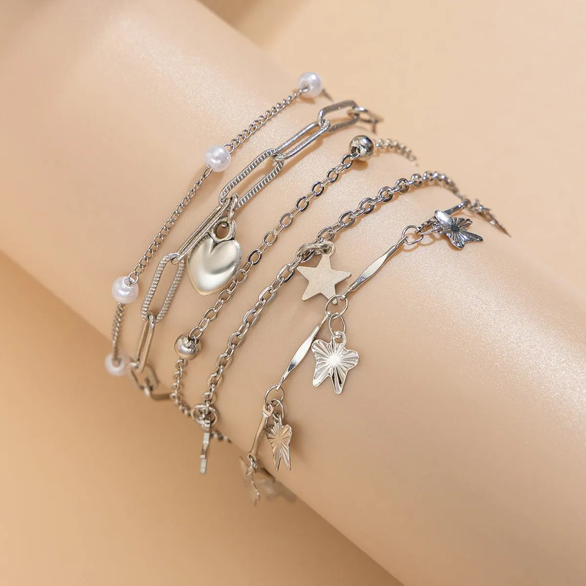Delicate Layered Heart Butterfly Star Tassel Pearl Cable Chain Bracelet Set