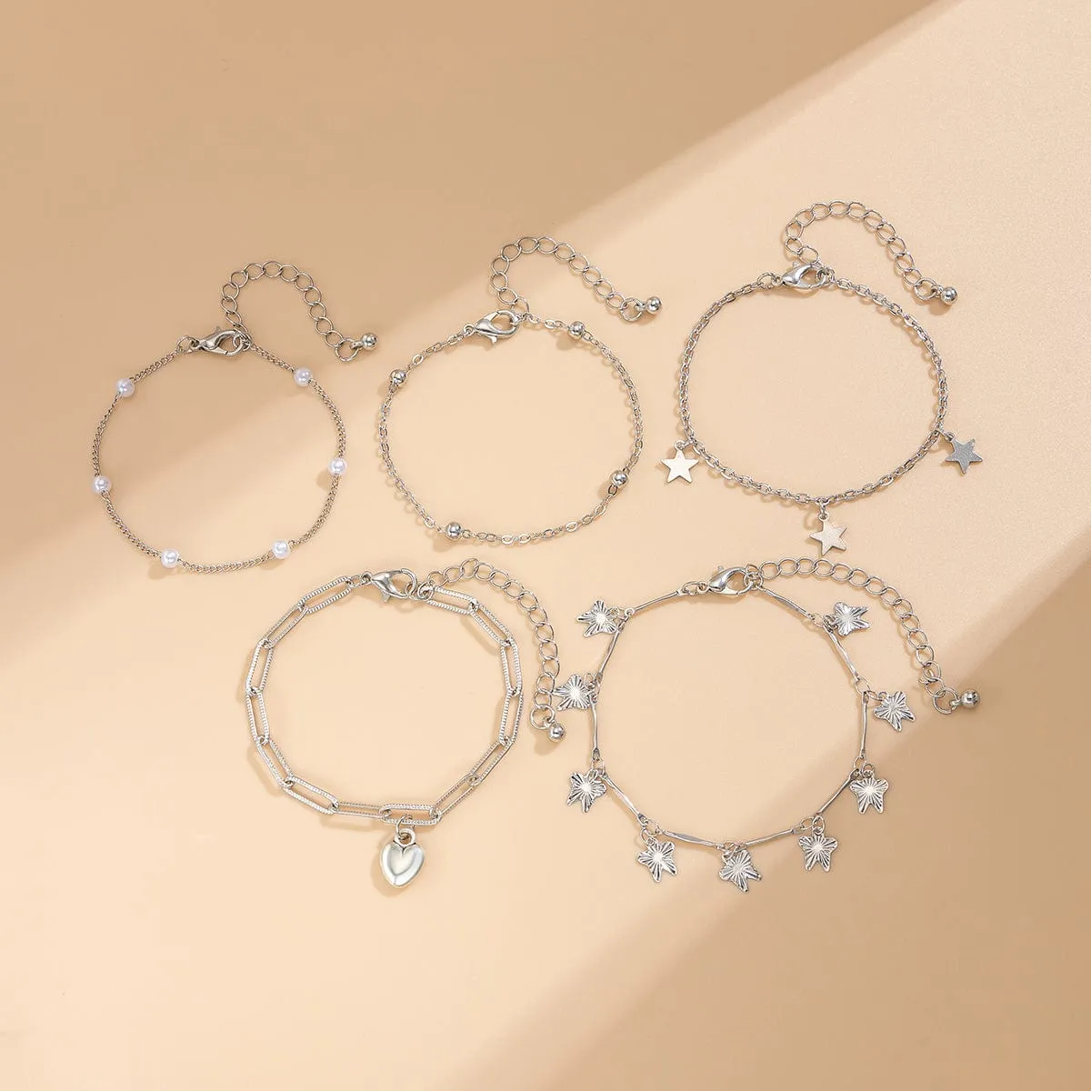 Delicate Layered Heart Butterfly Star Tassel Pearl Cable Chain Bracelet Set