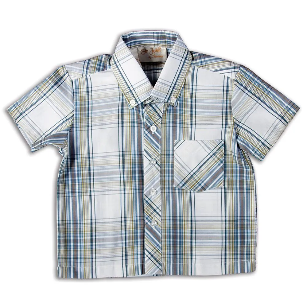 Dk. Blue Green White Plaid Short Sleeve Polo Shirt