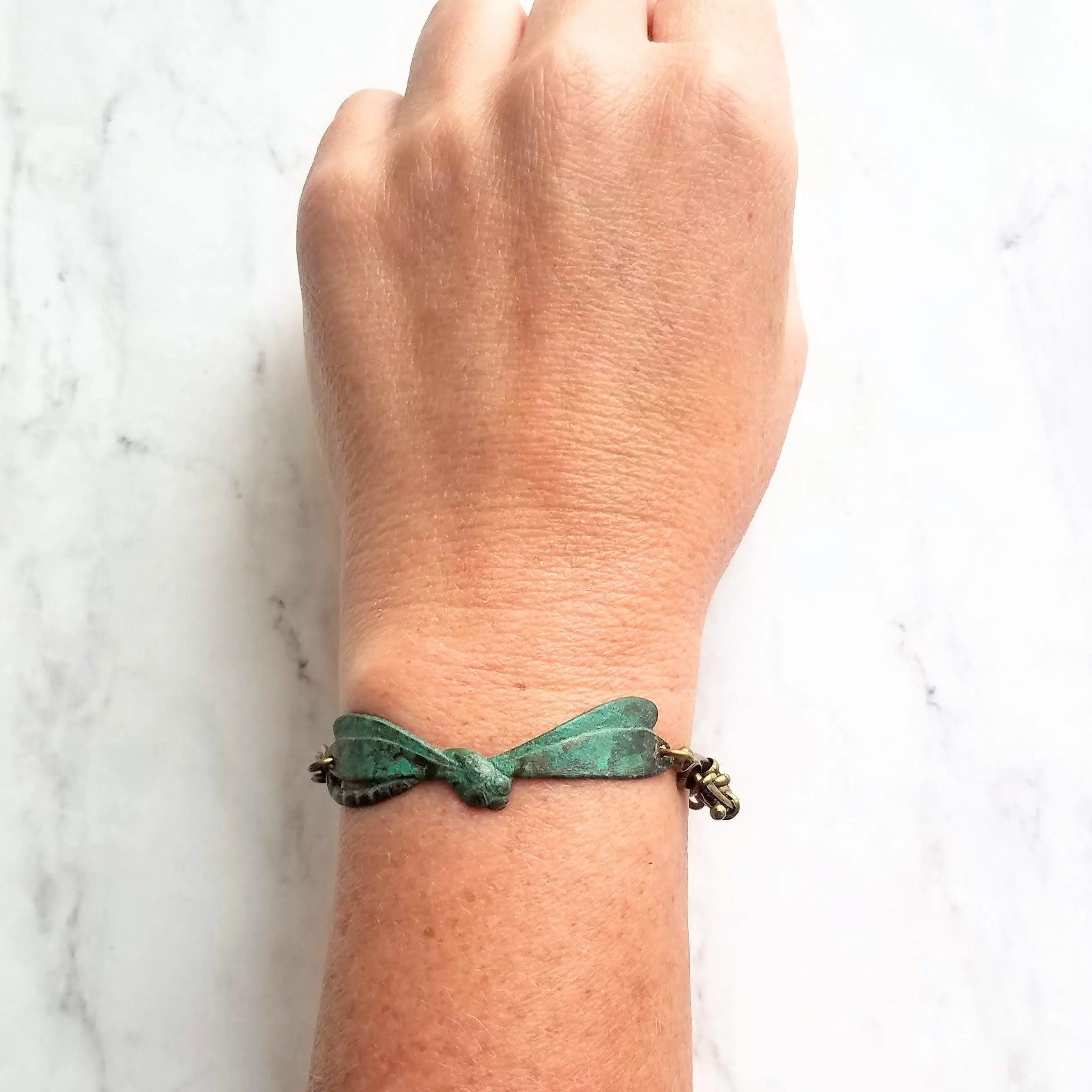 Dragonfly Bracelet, symbolic bracelet, change bracelet, bug bracelet, patina bracelet, insect bracelet, rustic dragonfly bracelet, boho