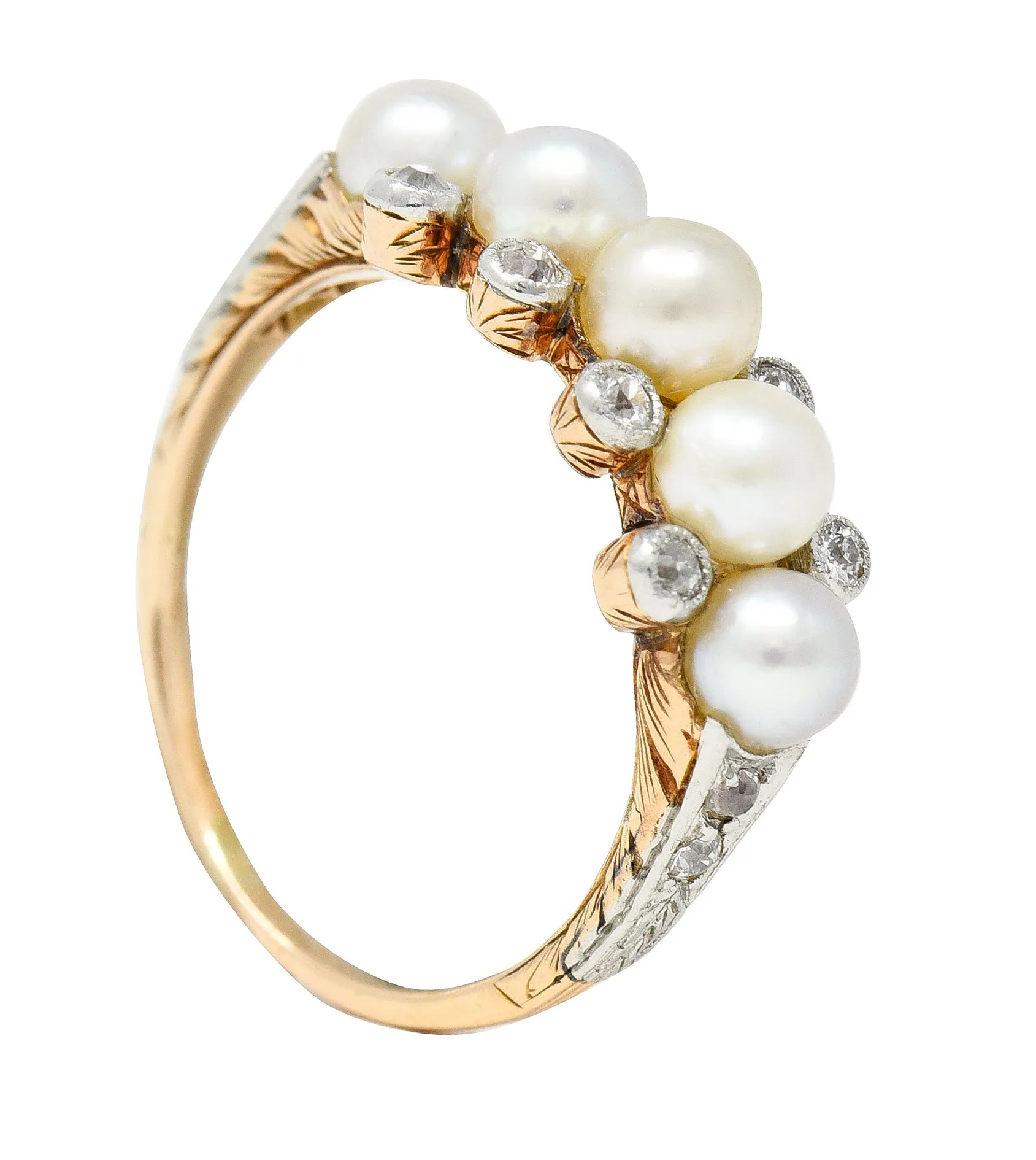 Edwardian Pearl Diamond Platinum-Topped 14 Karat Yellow Gold Antique Band Ring