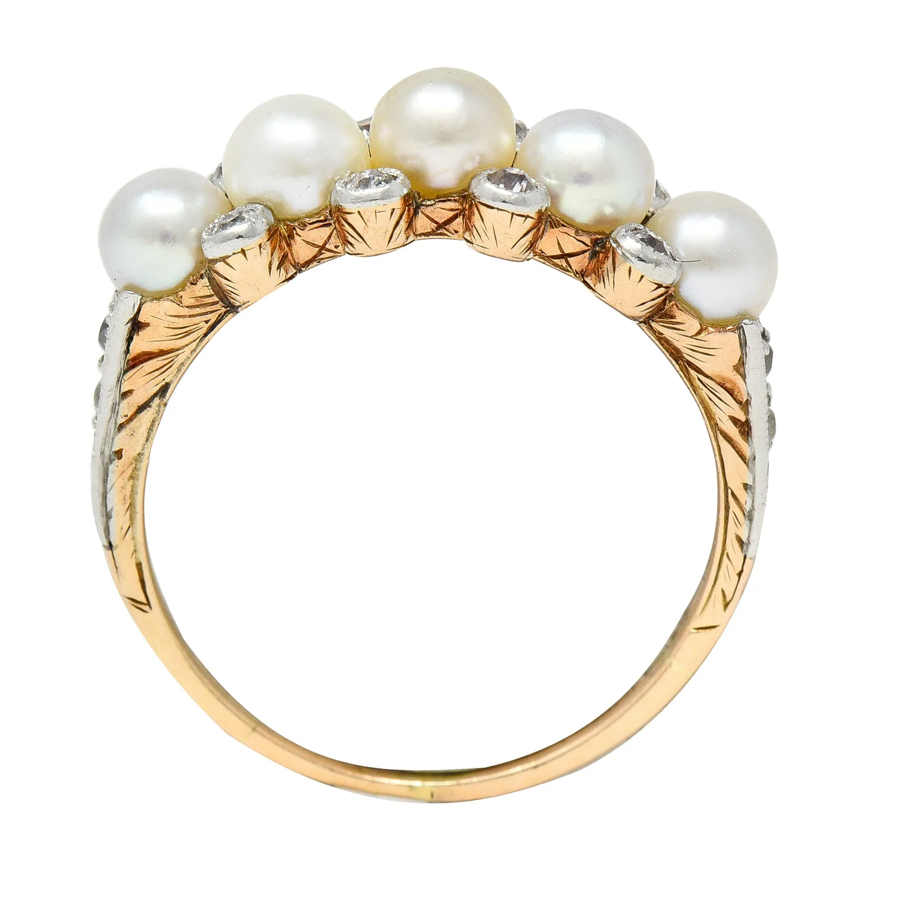 Edwardian Pearl Diamond Platinum-Topped 14 Karat Yellow Gold Antique Band Ring