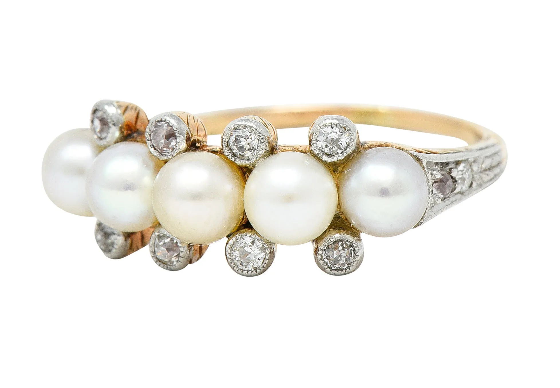Edwardian Pearl Diamond Platinum-Topped 14 Karat Yellow Gold Antique Band Ring