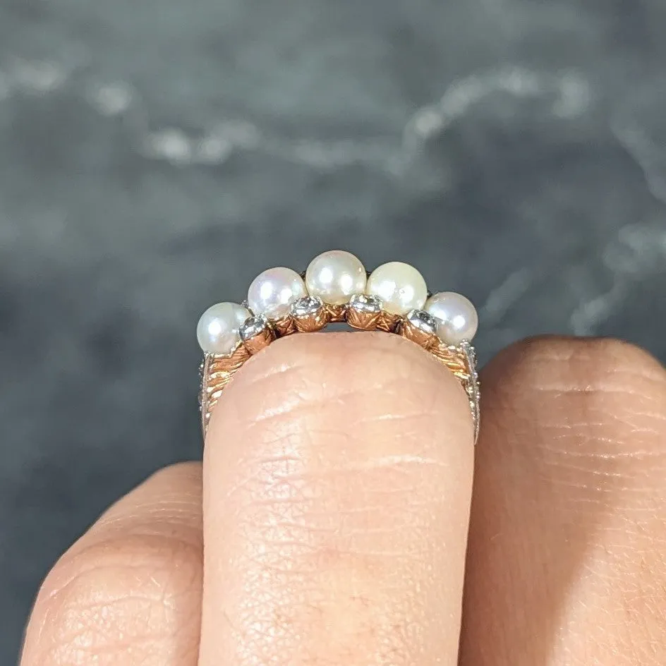 Edwardian Pearl Diamond Platinum-Topped 14 Karat Yellow Gold Antique Band Ring