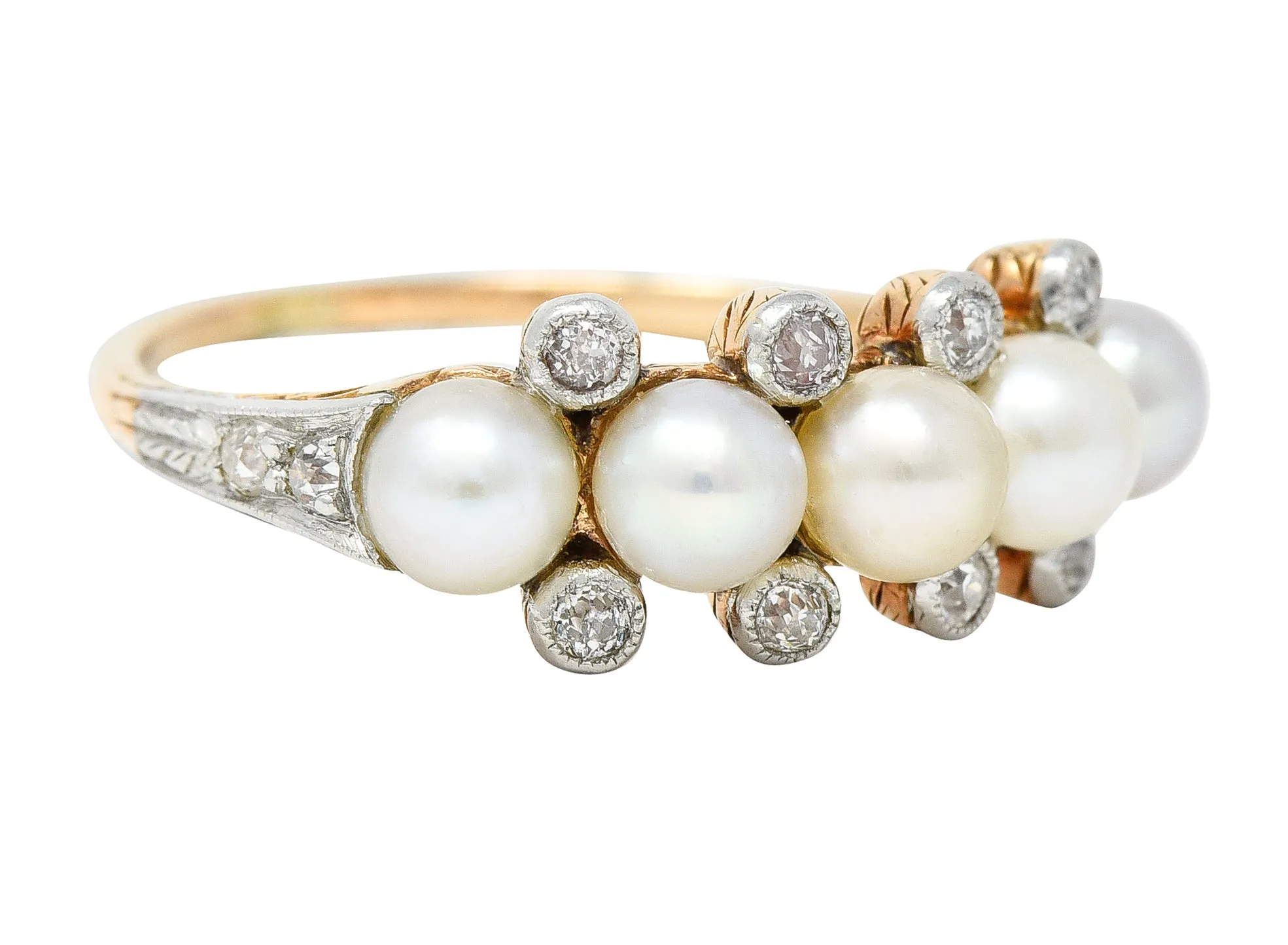 Edwardian Pearl Diamond Platinum-Topped 14 Karat Yellow Gold Antique Band Ring