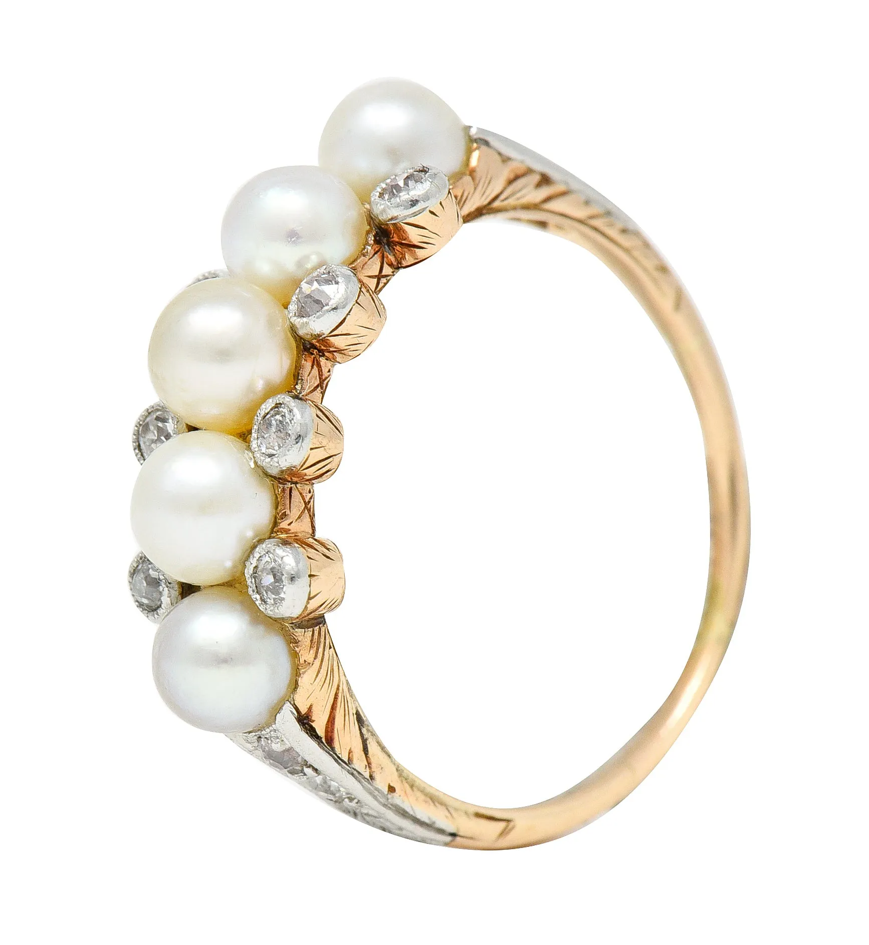 Edwardian Pearl Diamond Platinum-Topped 14 Karat Yellow Gold Antique Band Ring