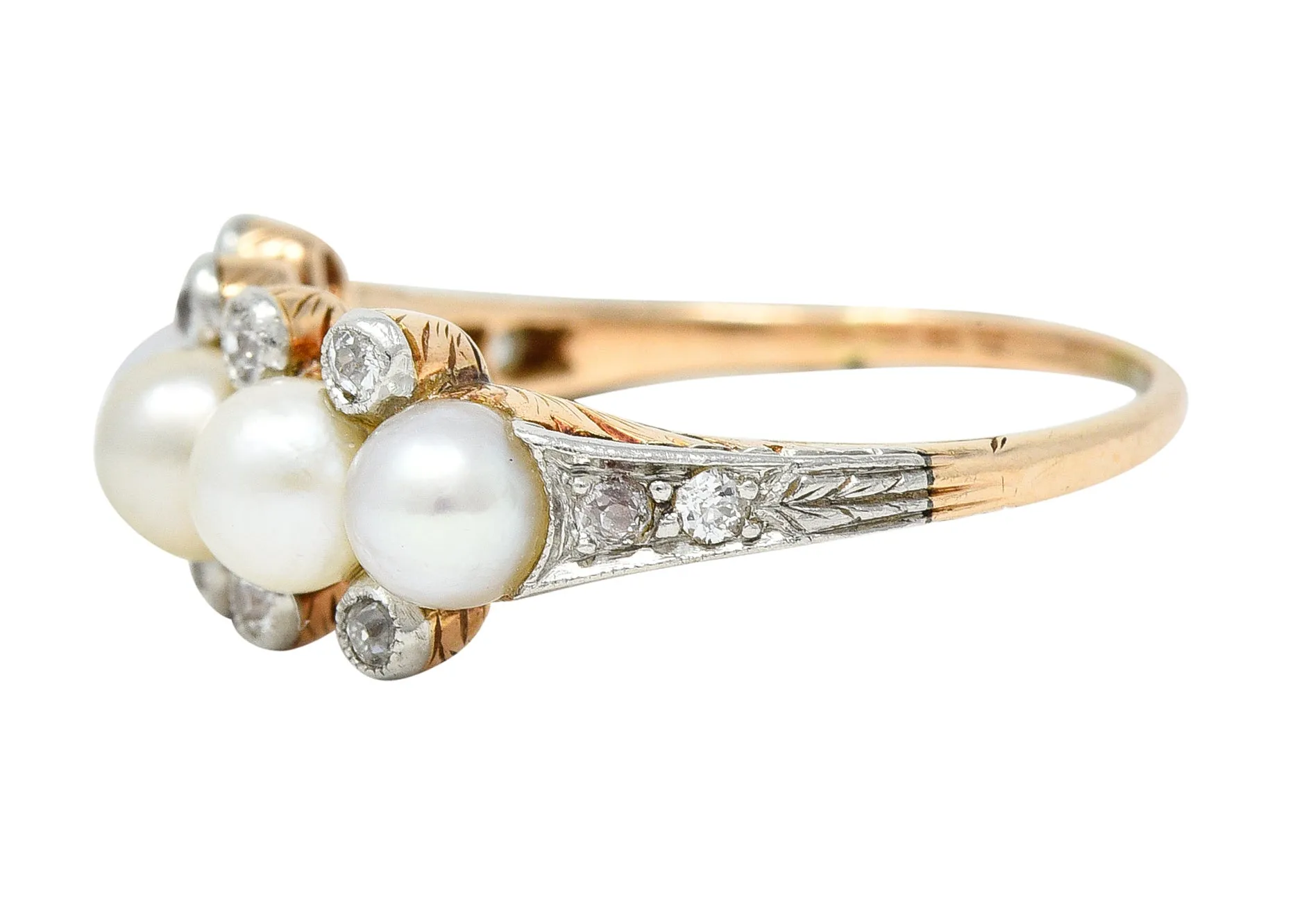 Edwardian Pearl Diamond Platinum-Topped 14 Karat Yellow Gold Antique Band Ring