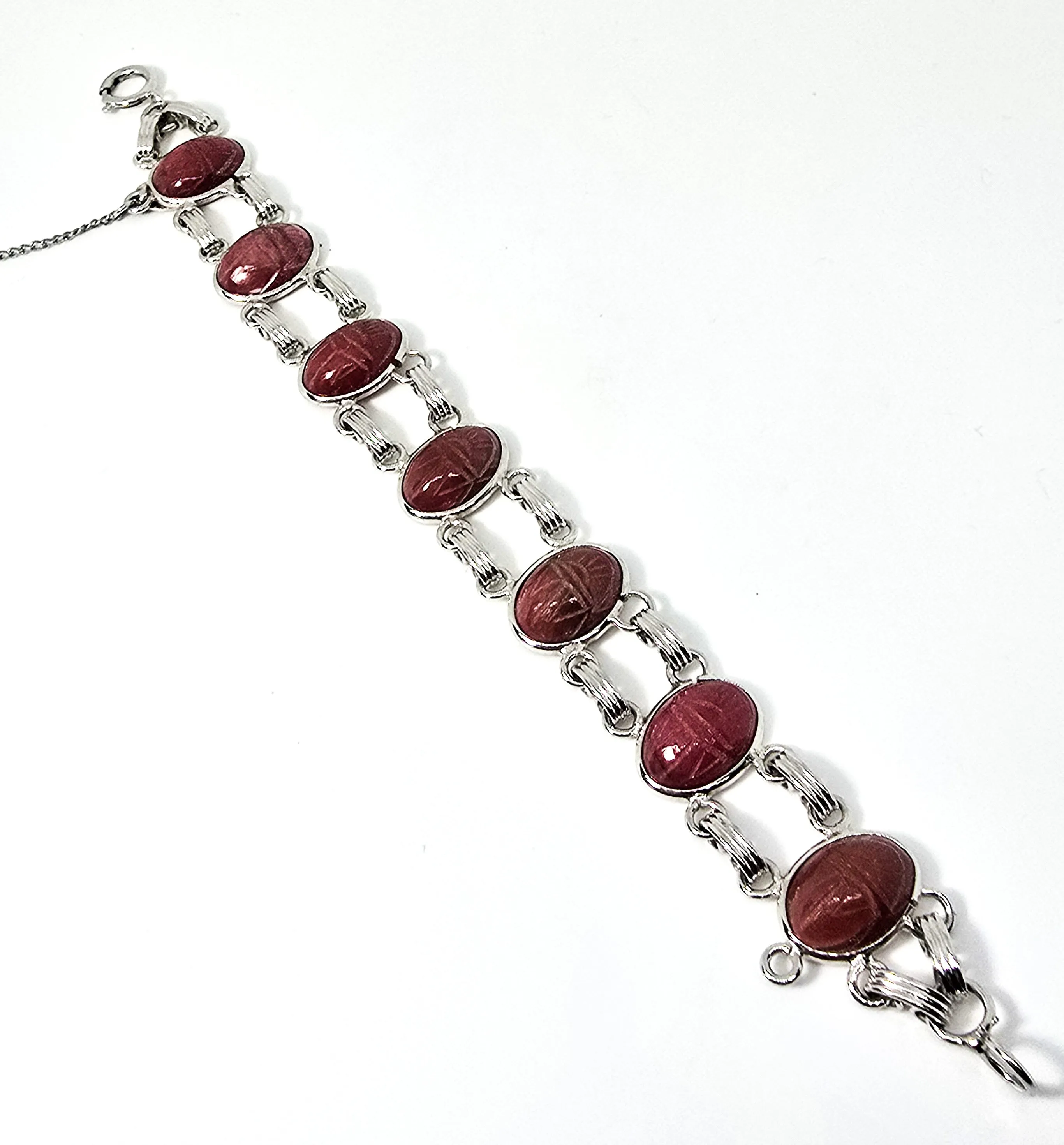 Egyptian Revival Scarab Rhodonite pink gemstone Burt Cassell 12k gold vintage bracelet