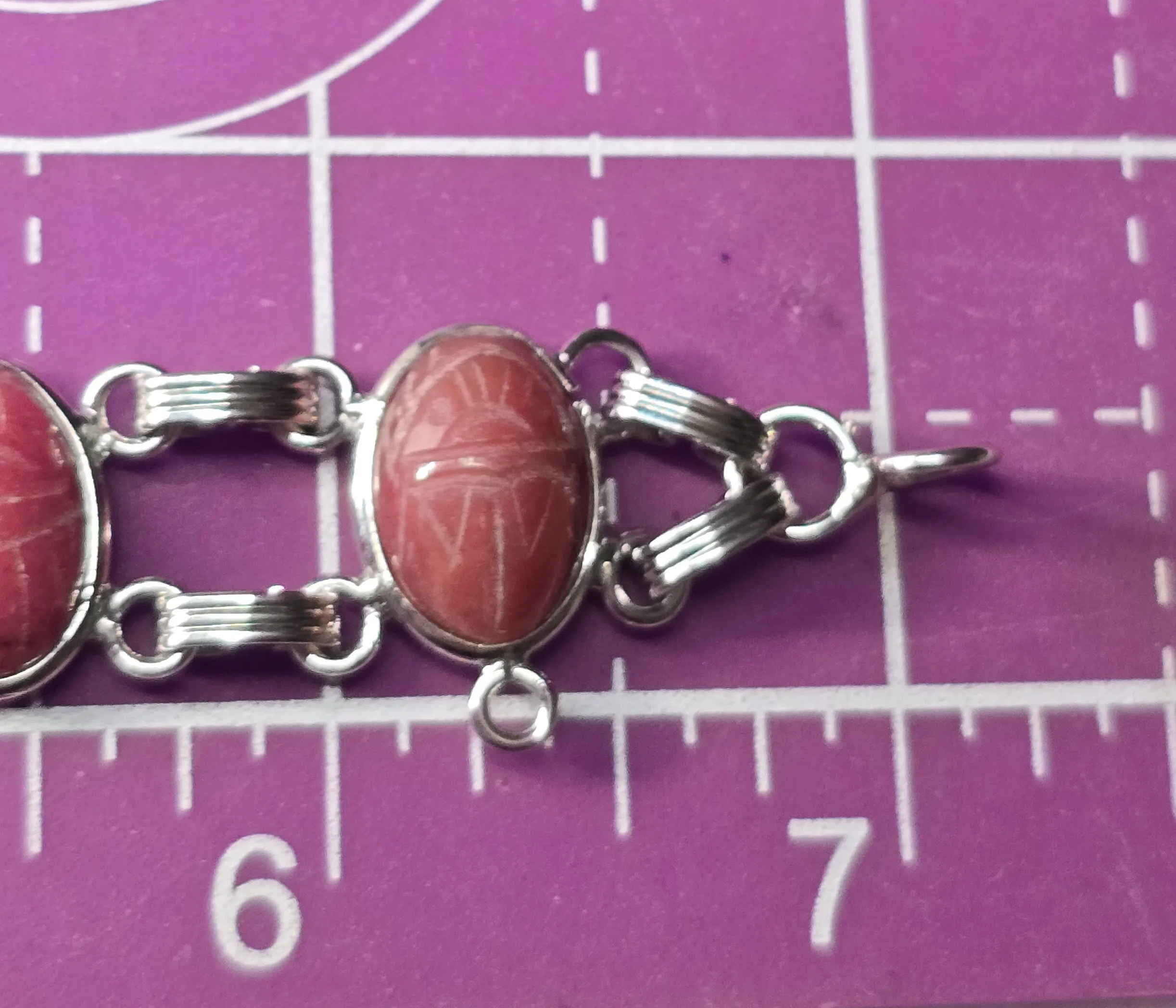 Egyptian Revival Scarab Rhodonite pink gemstone Burt Cassell 12k gold vintage bracelet