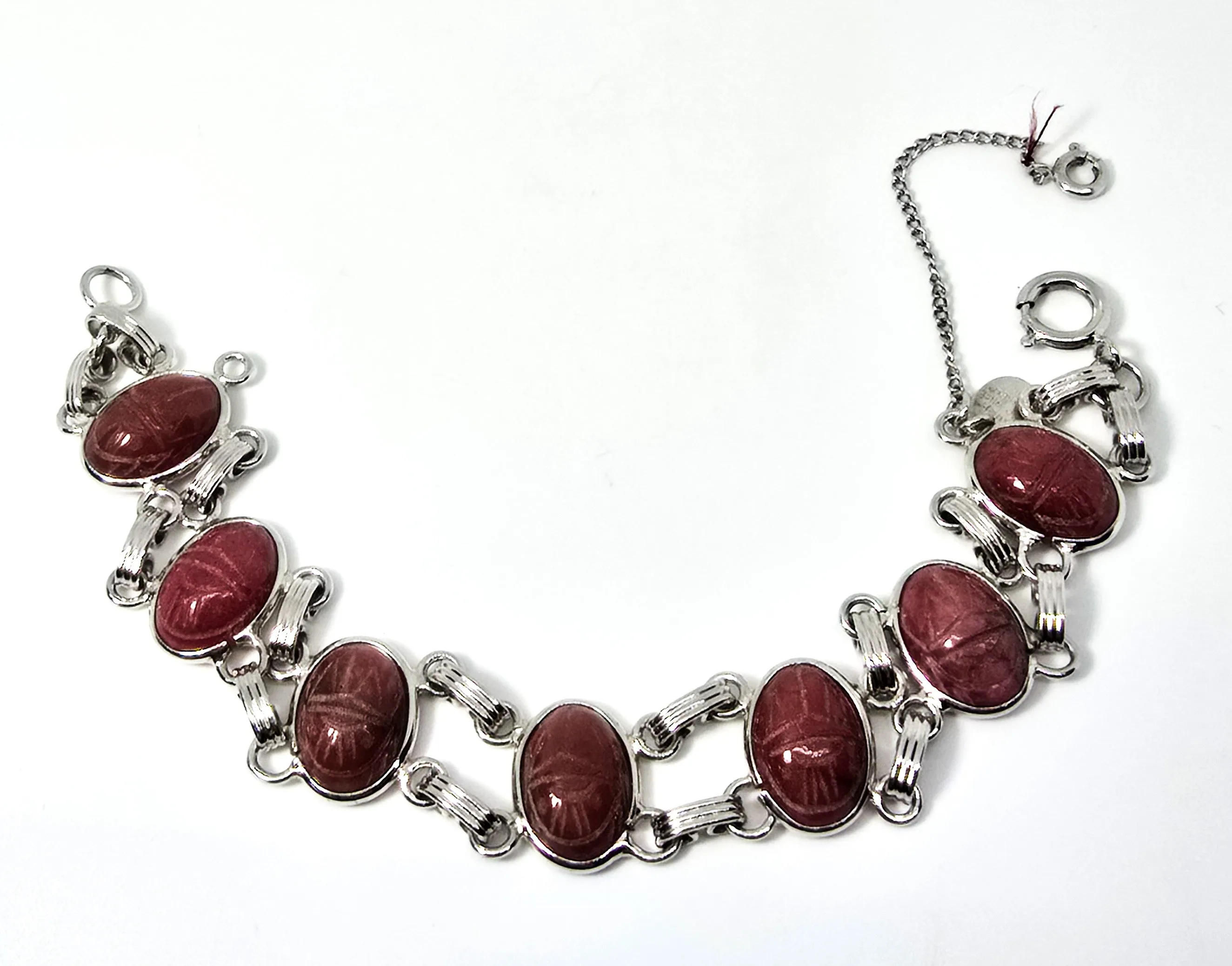 Egyptian Revival Scarab Rhodonite pink gemstone Burt Cassell 12k gold vintage bracelet