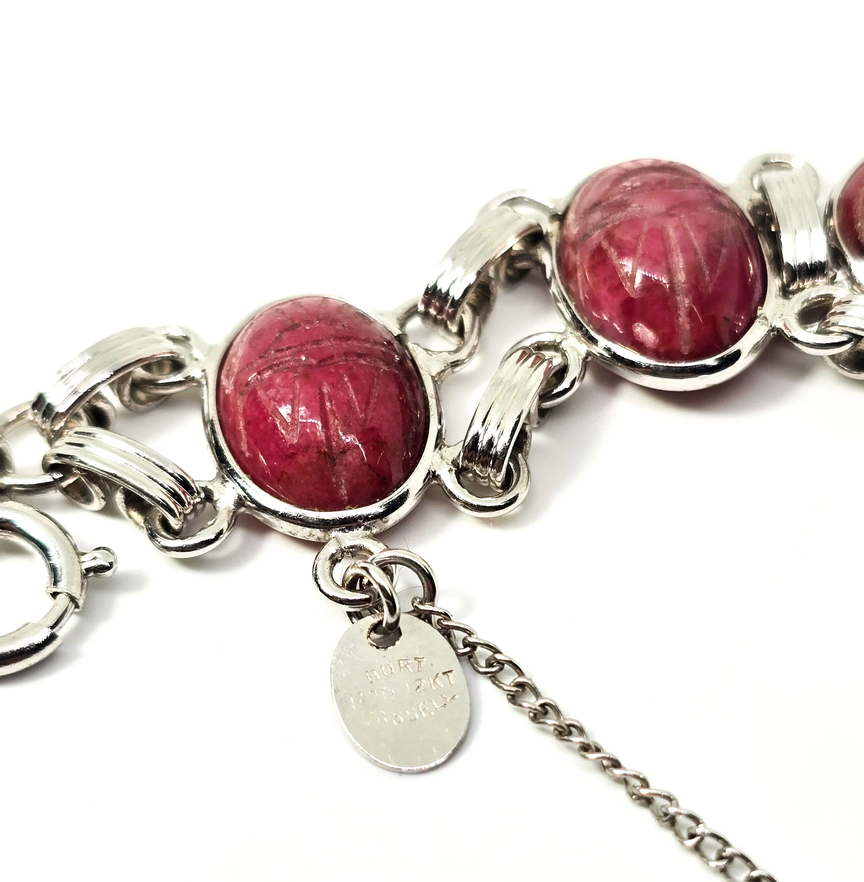 Egyptian Revival Scarab Rhodonite pink gemstone Burt Cassell 12k gold vintage bracelet
