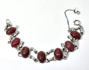 Egyptian Revival Scarab Rhodonite pink gemstone Burt Cassell 12k gold vintage bracelet