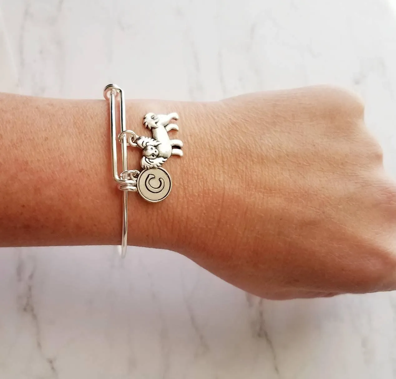English Mastiff Bracelet - silver bangle adjustable double loop pet dog charm - personalized letter initial monogram - puppy accessory