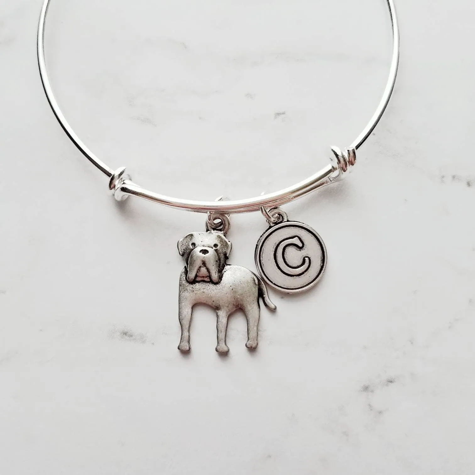 English Mastiff Bracelet - silver bangle adjustable double loop pet dog charm - personalized letter initial monogram - puppy accessory