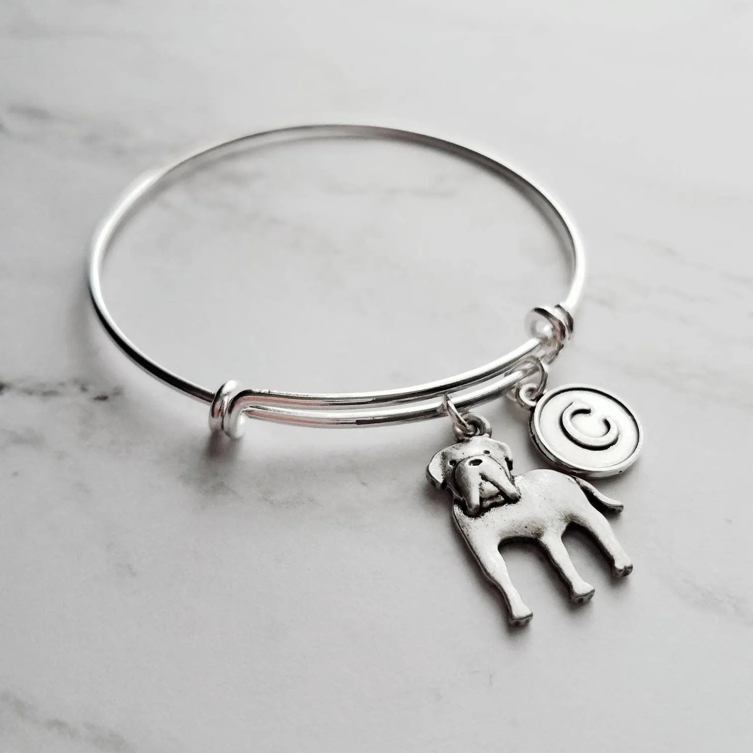 English Mastiff Bracelet - silver bangle adjustable double loop pet dog charm - personalized letter initial monogram - puppy accessory