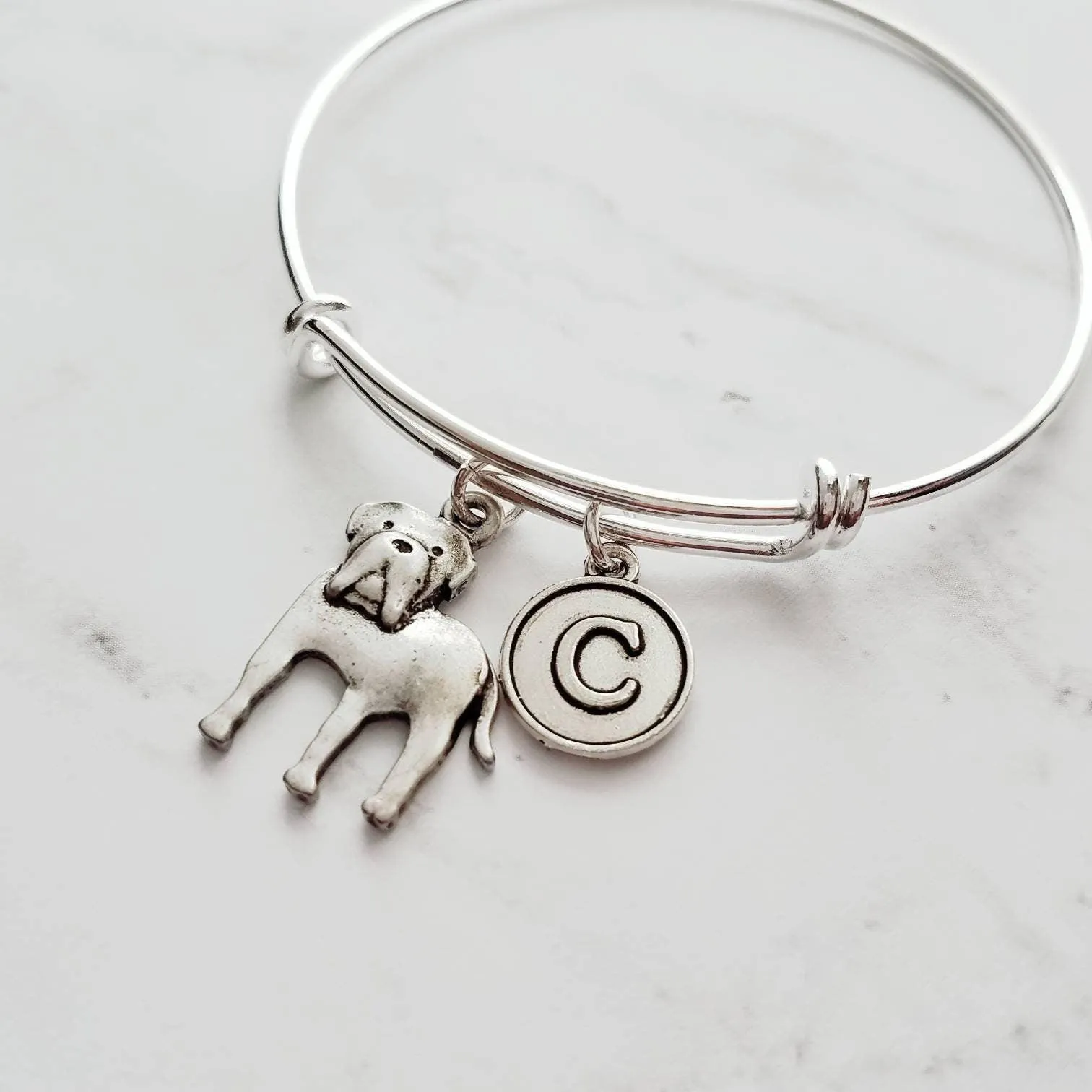 English Mastiff Bracelet - silver bangle adjustable double loop pet dog charm - personalized letter initial monogram - puppy accessory