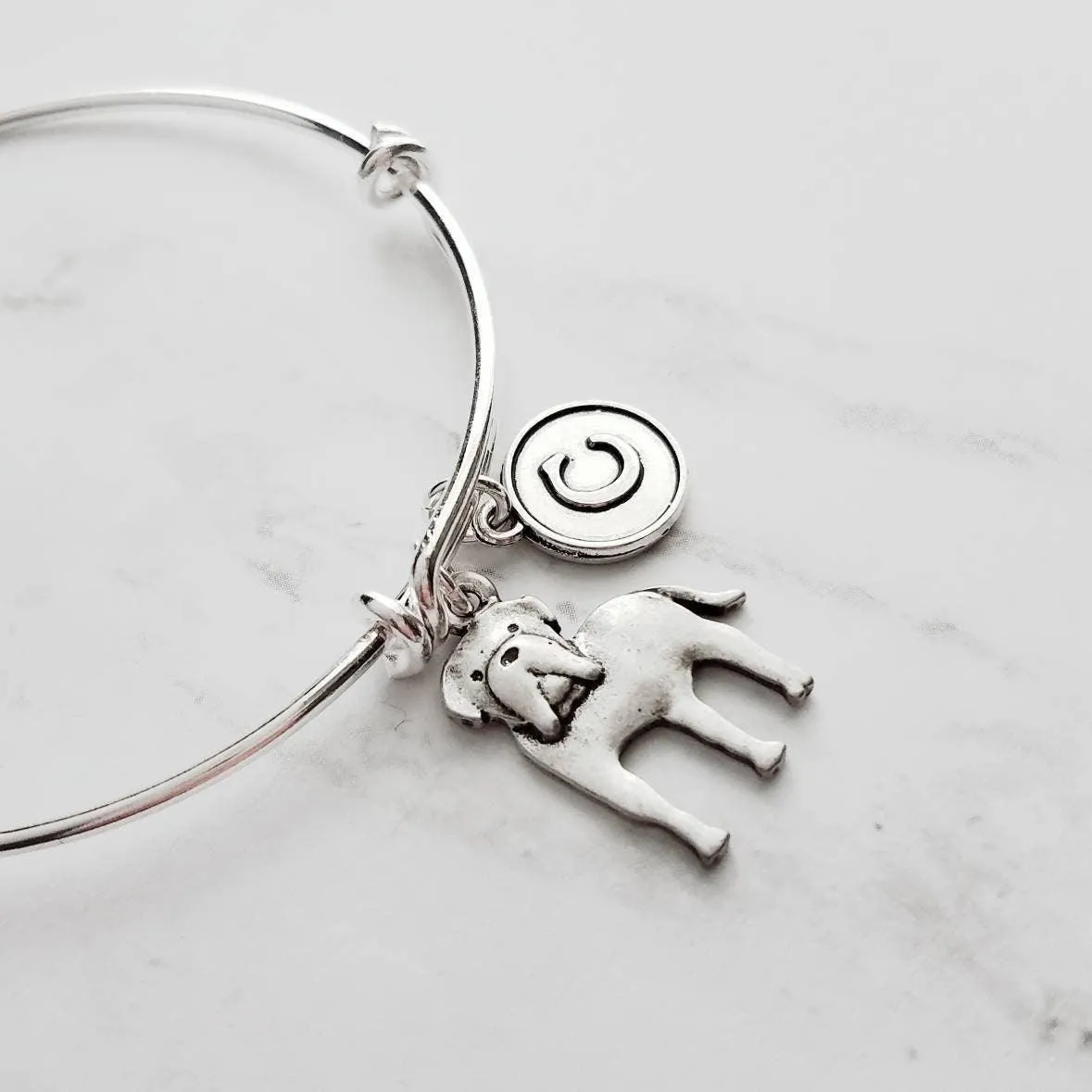 English Mastiff Bracelet - silver bangle adjustable double loop pet dog charm - personalized letter initial monogram - puppy accessory