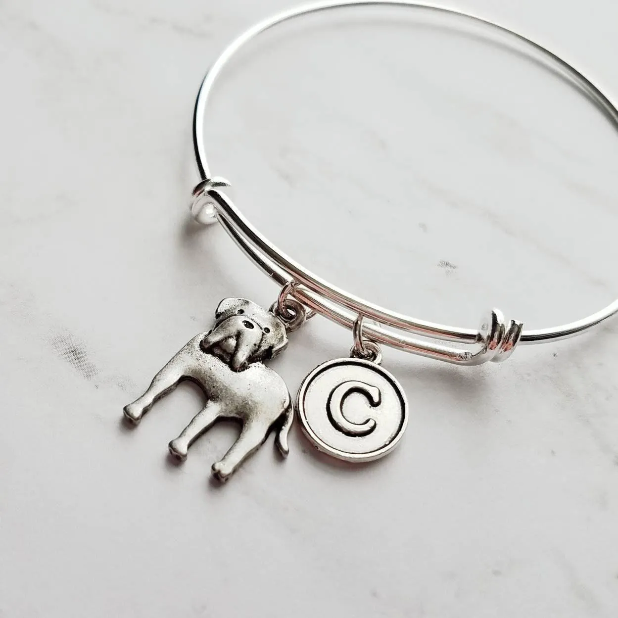 English Mastiff Bracelet - silver bangle adjustable double loop pet dog charm - personalized letter initial monogram - puppy accessory