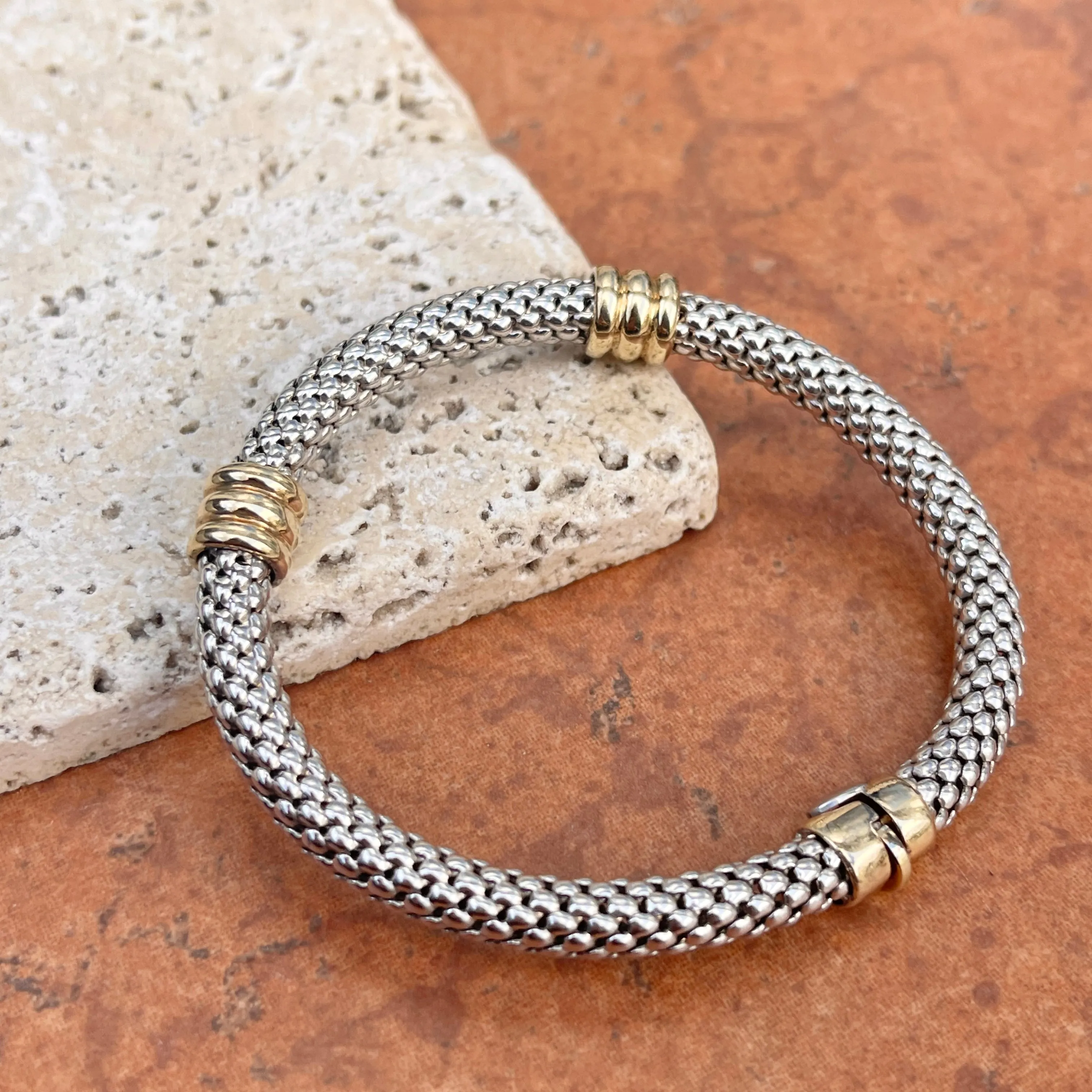 Estate 14KT White Gold   Yellow Gold Popcorn Link Bangle Bracelet