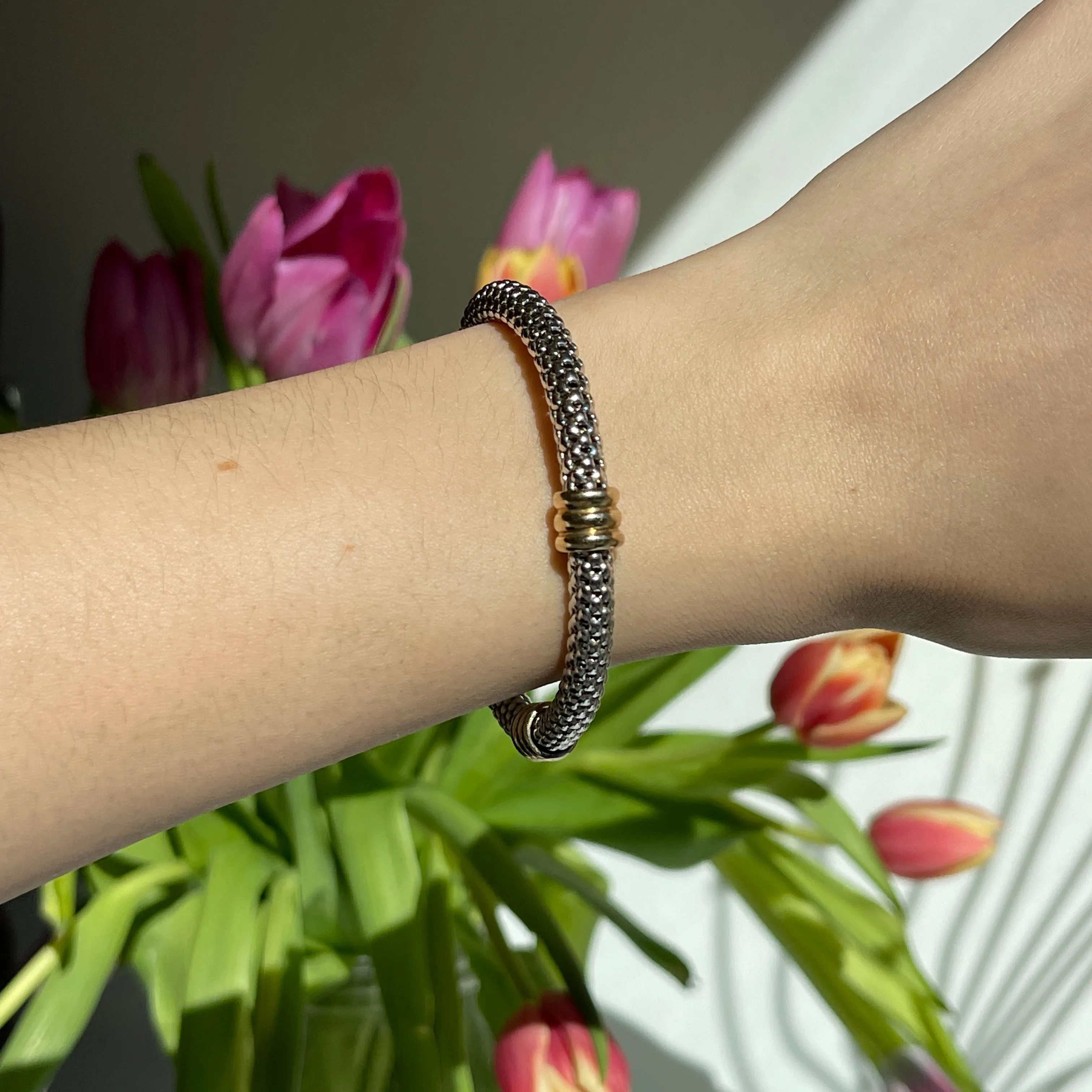 Estate 14KT White Gold   Yellow Gold Popcorn Link Bangle Bracelet
