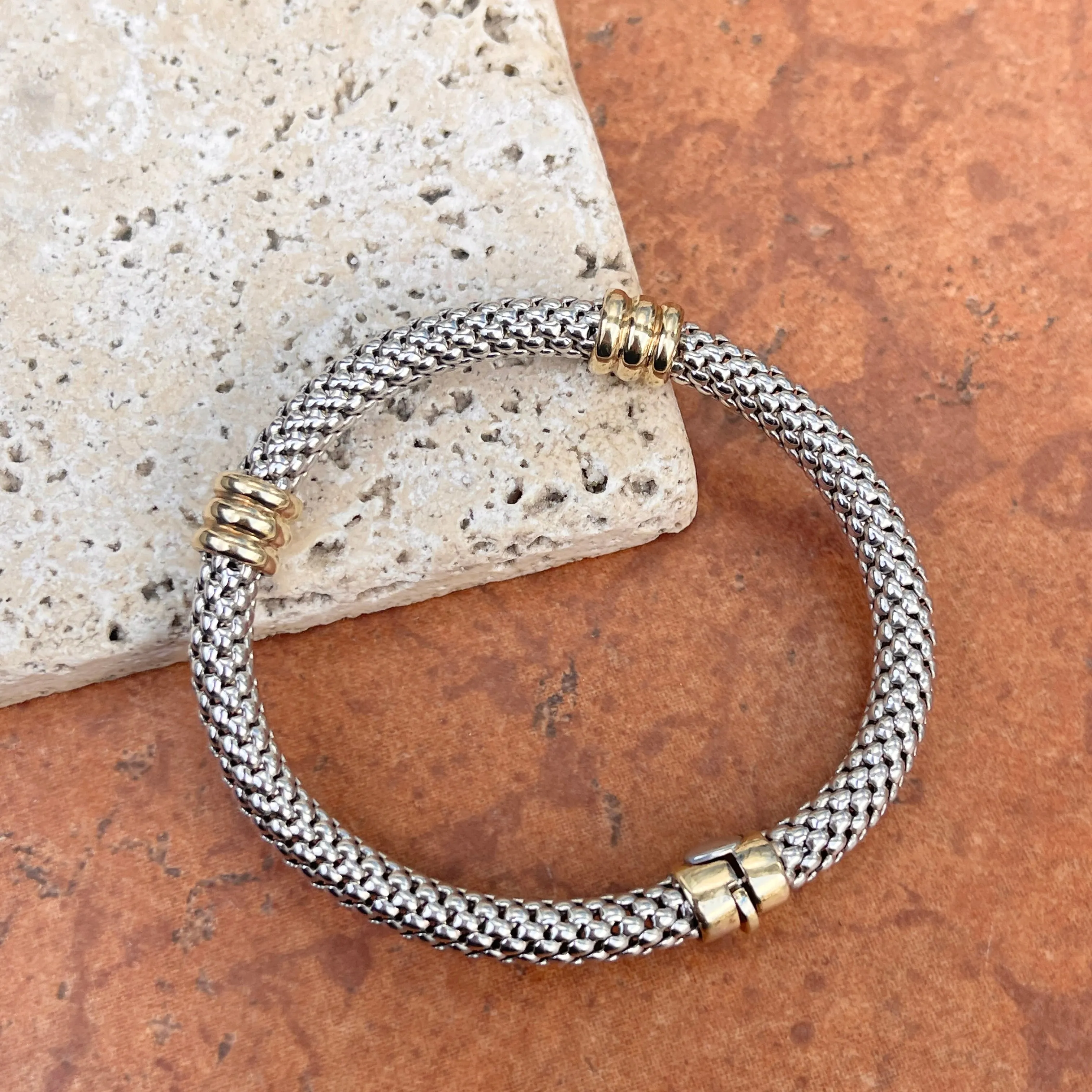 Estate 14KT White Gold   Yellow Gold Popcorn Link Bangle Bracelet