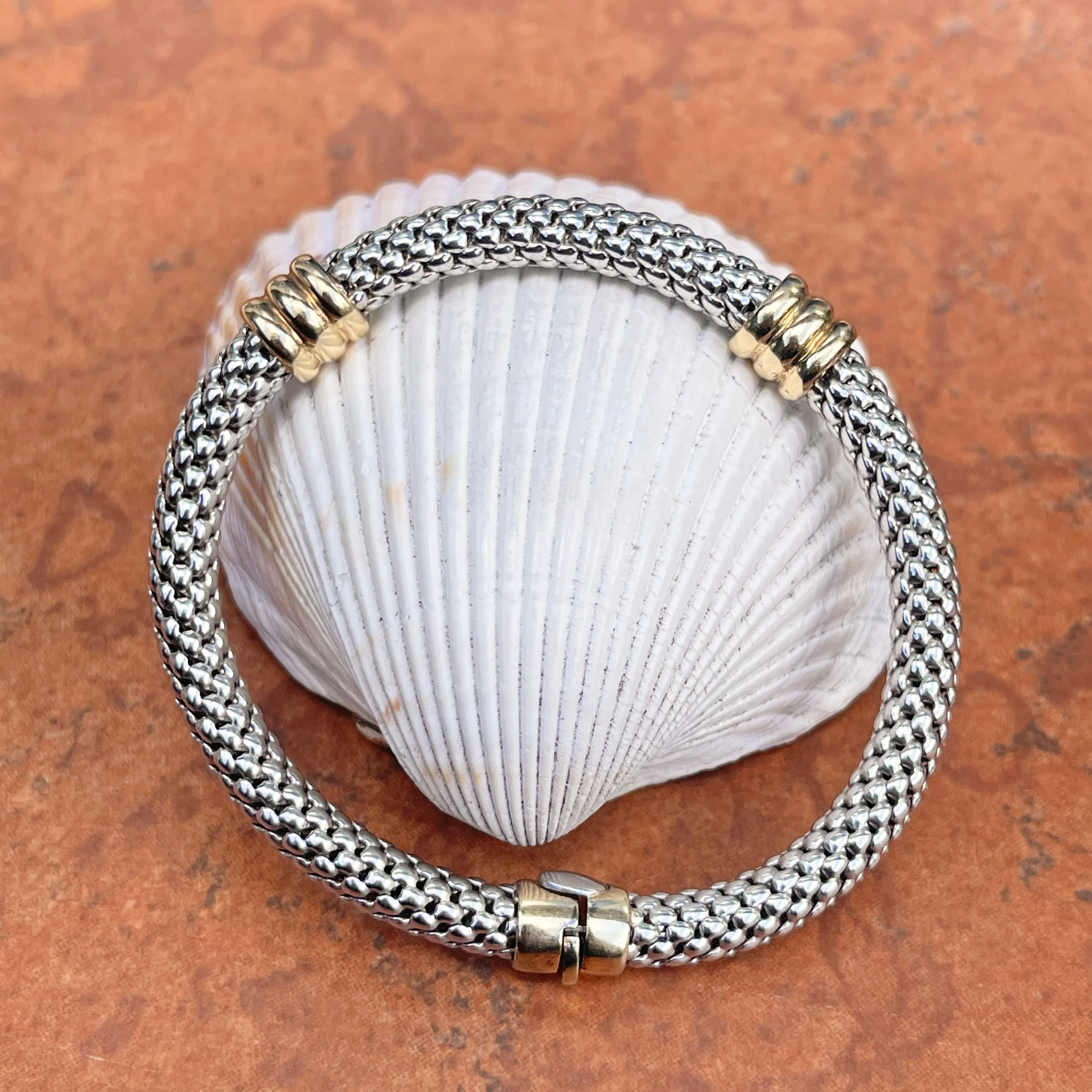 Estate 14KT White Gold   Yellow Gold Popcorn Link Bangle Bracelet