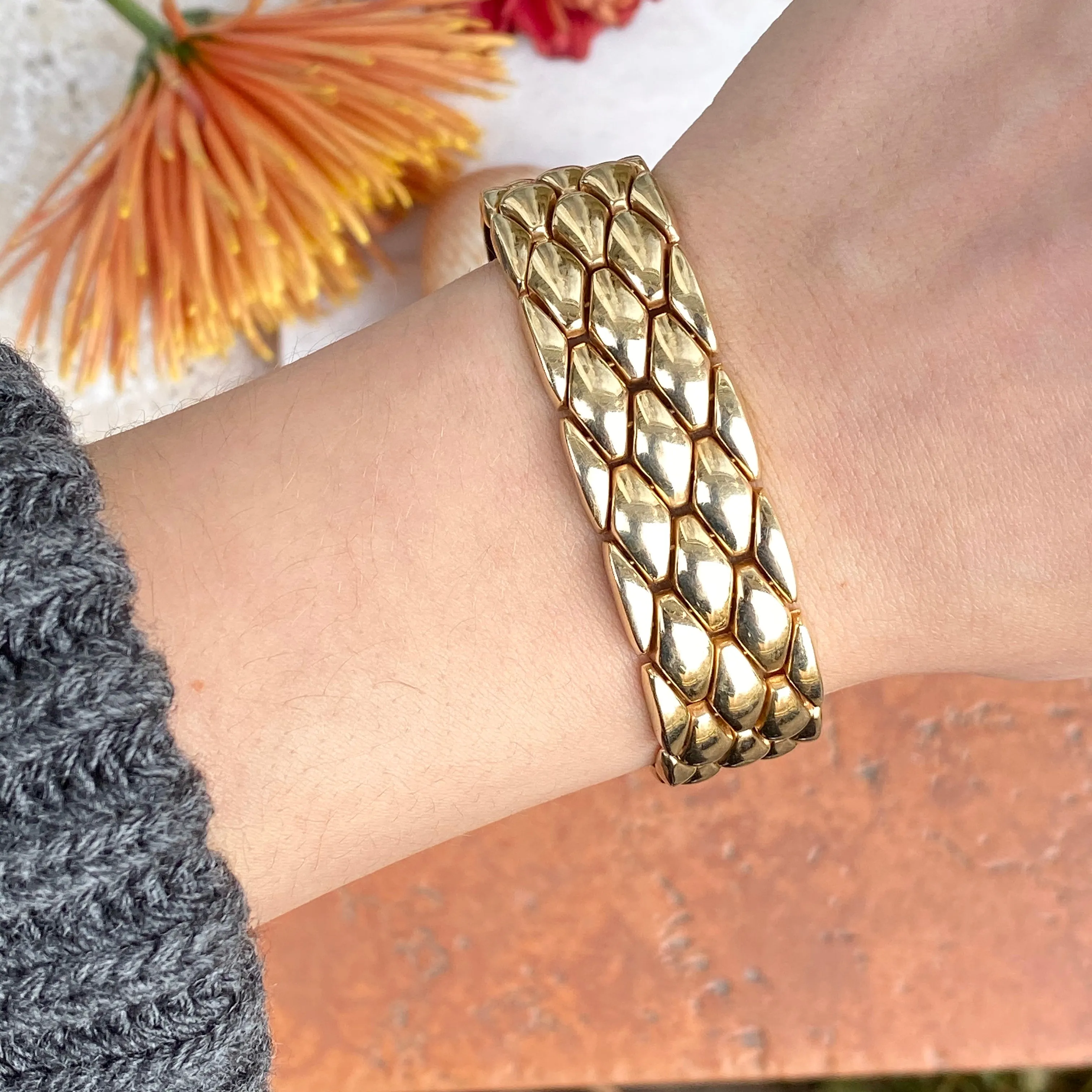 Estate 14KT Yellow Gold Wide Panther Link Bracelet 18mm