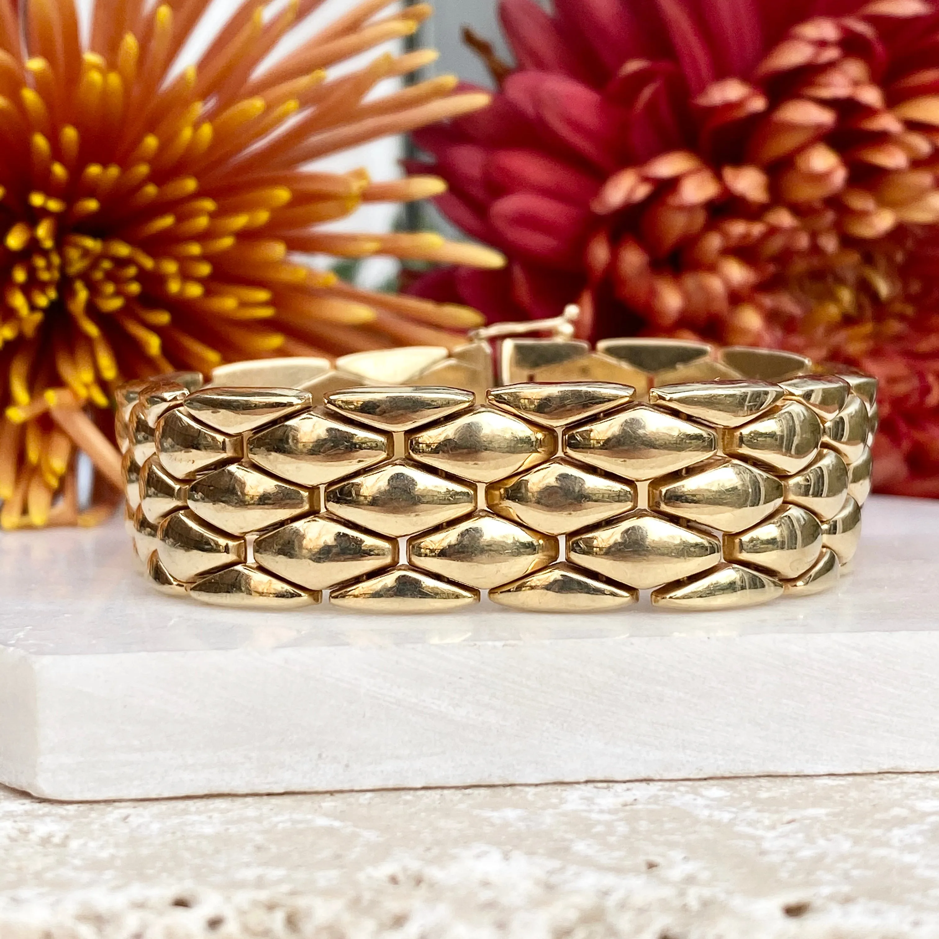 Estate 14KT Yellow Gold Wide Panther Link Bracelet 18mm