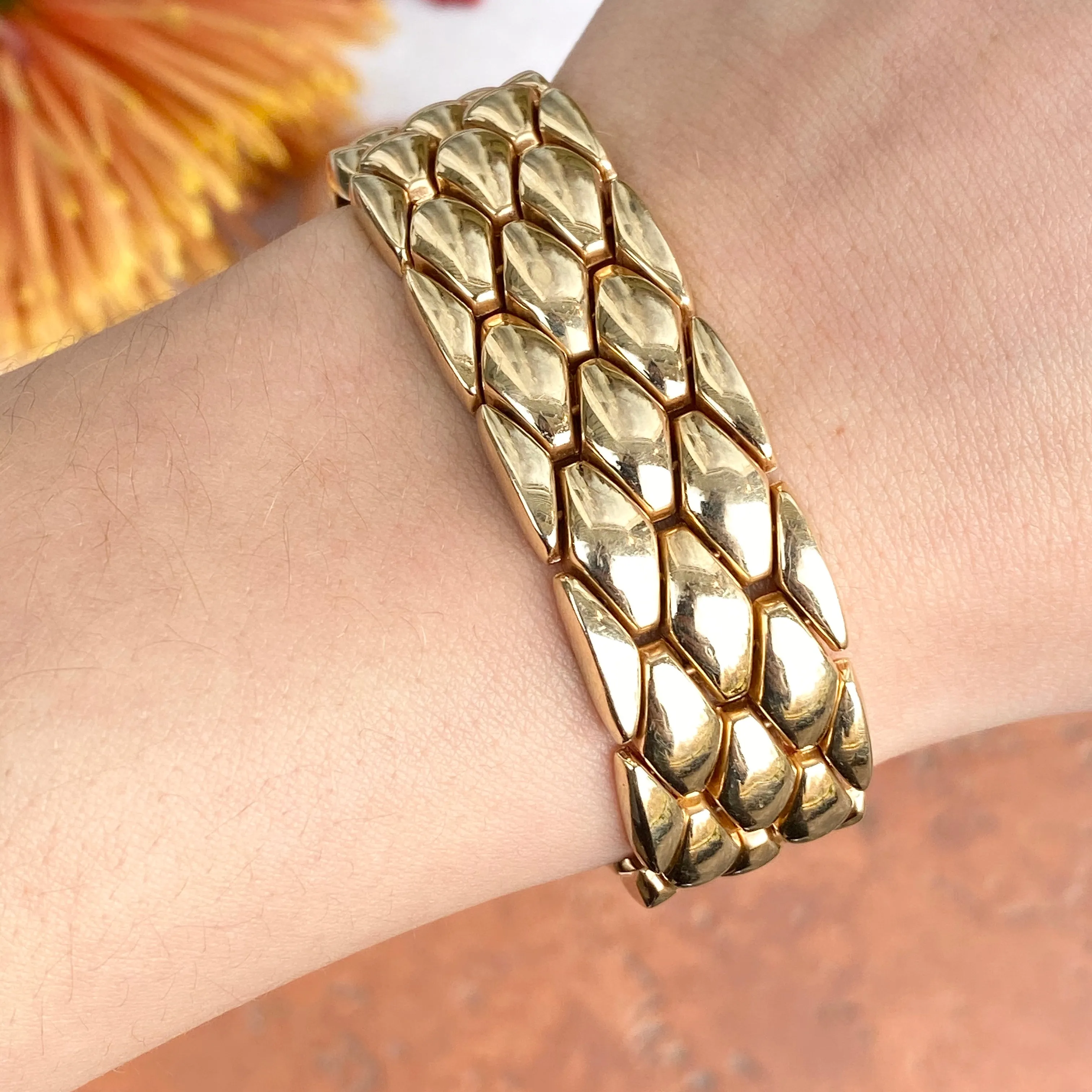 Estate 14KT Yellow Gold Wide Panther Link Bracelet 18mm